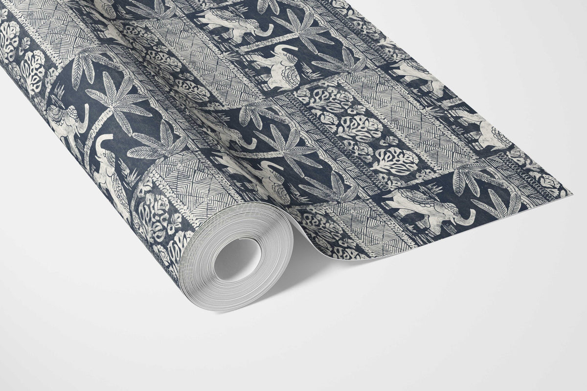 Ethnic/ Heritage Elephants & Animals Print Bathroom Wallpaper (Navy Blue/ White)