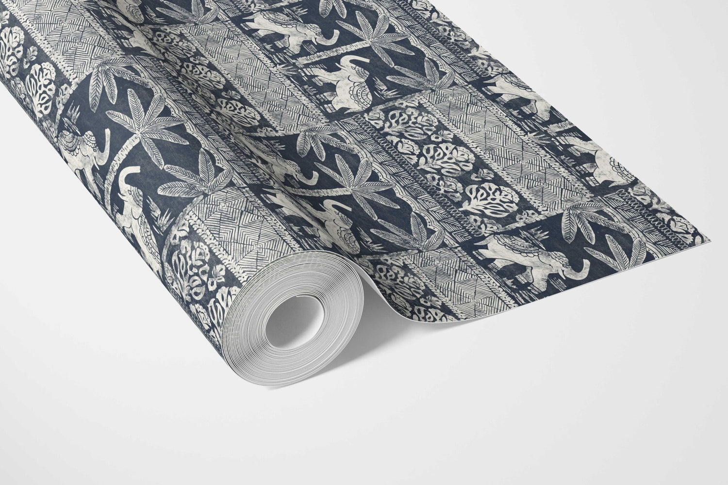 Ethnic/ Heritage Elephants & Animals Print Bathroom Wallpaper (Navy Blue/ White)