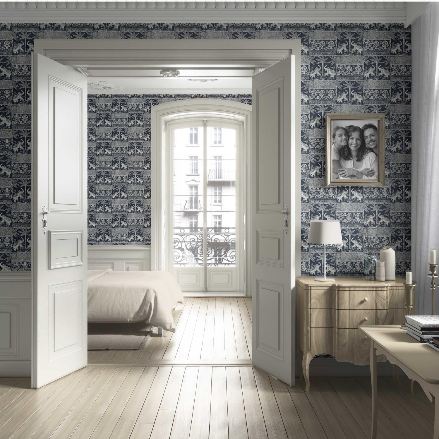 Ethnic/ Heritage Elephants & Animals Print Living Room Wallpaper (Navy Blue/ White)