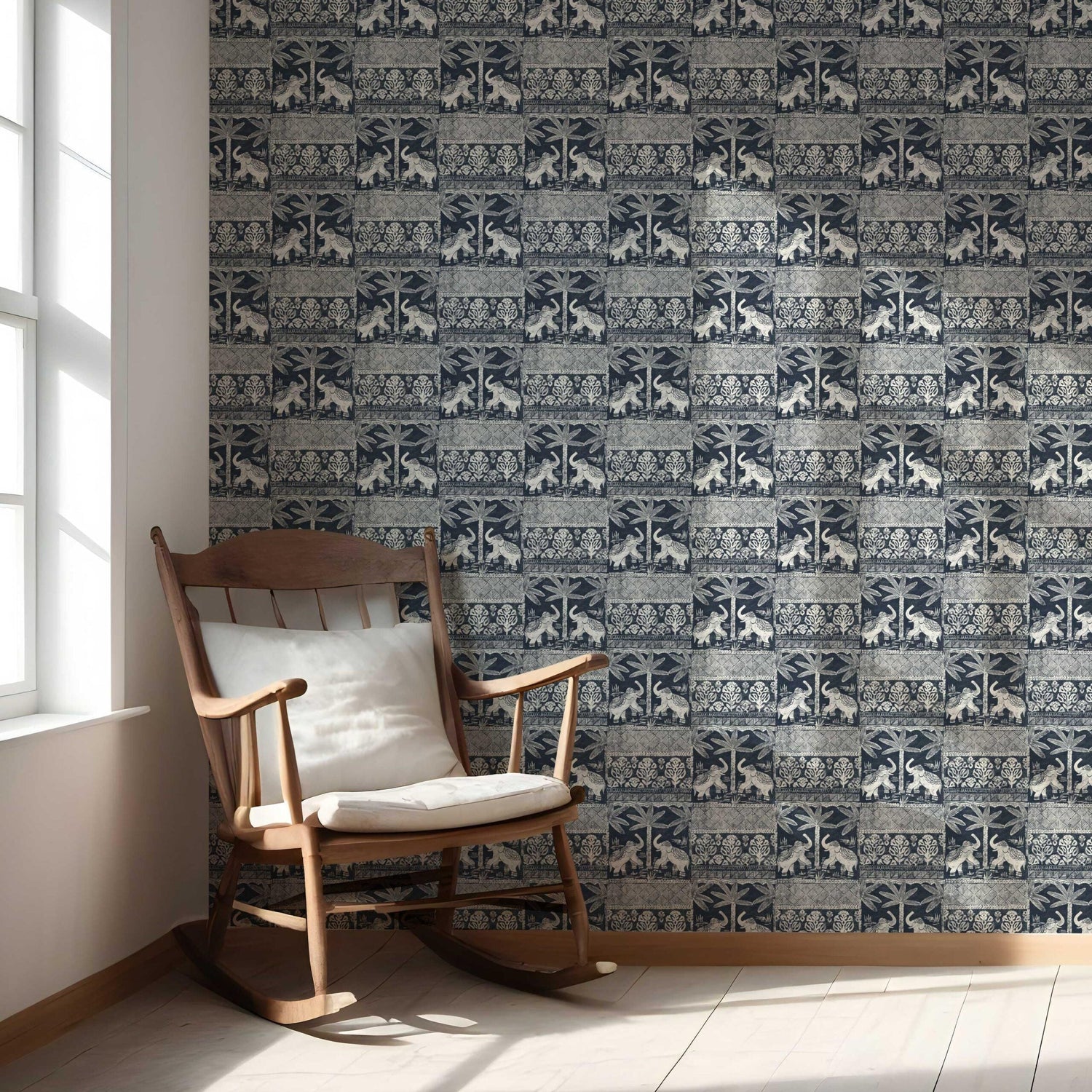 Ethnic/ Heritage Elephants & Animals Print Nursery Wallpaper (Navy Blue/ White)