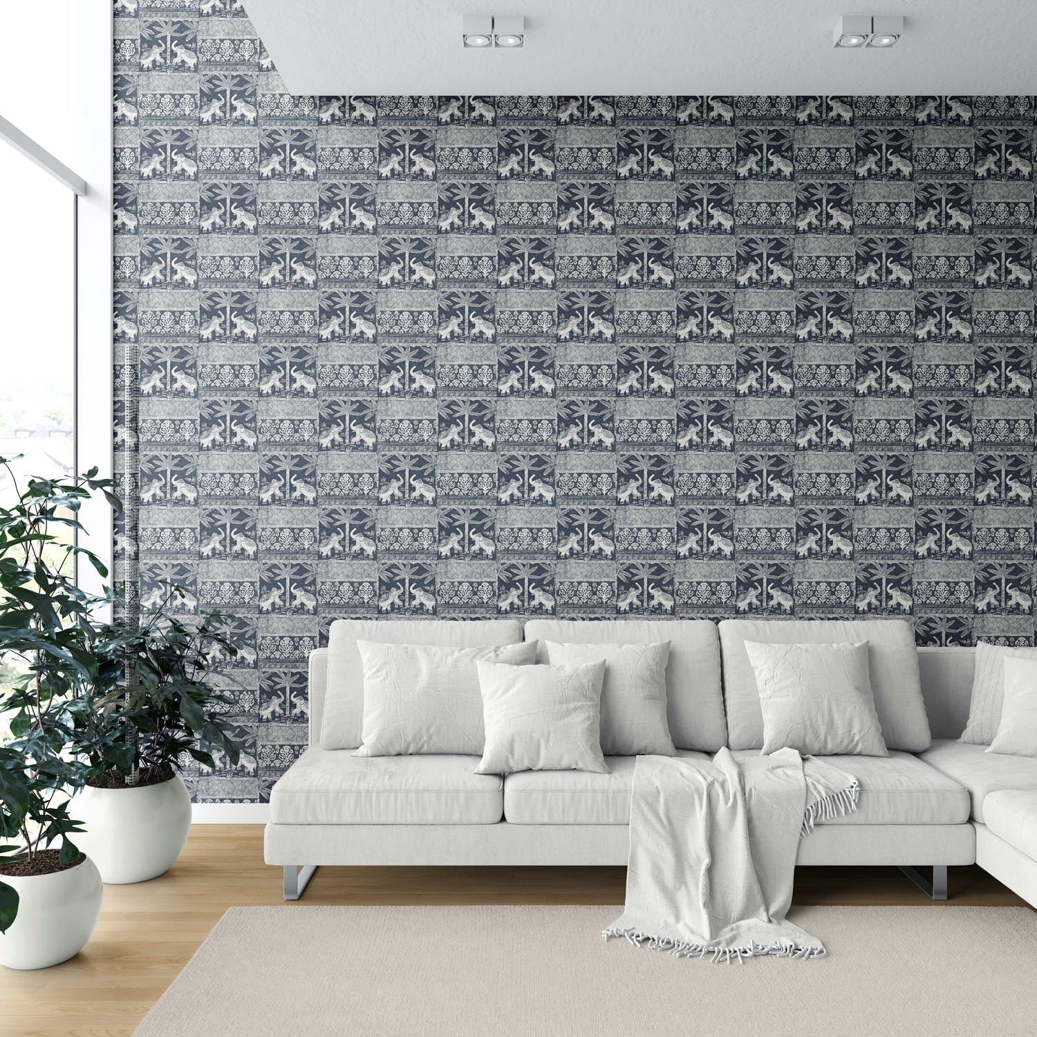 Ethnic/ Heritage Elephants & Animals Print Shower Toilet Wallpaper (Navy Blue/ White)