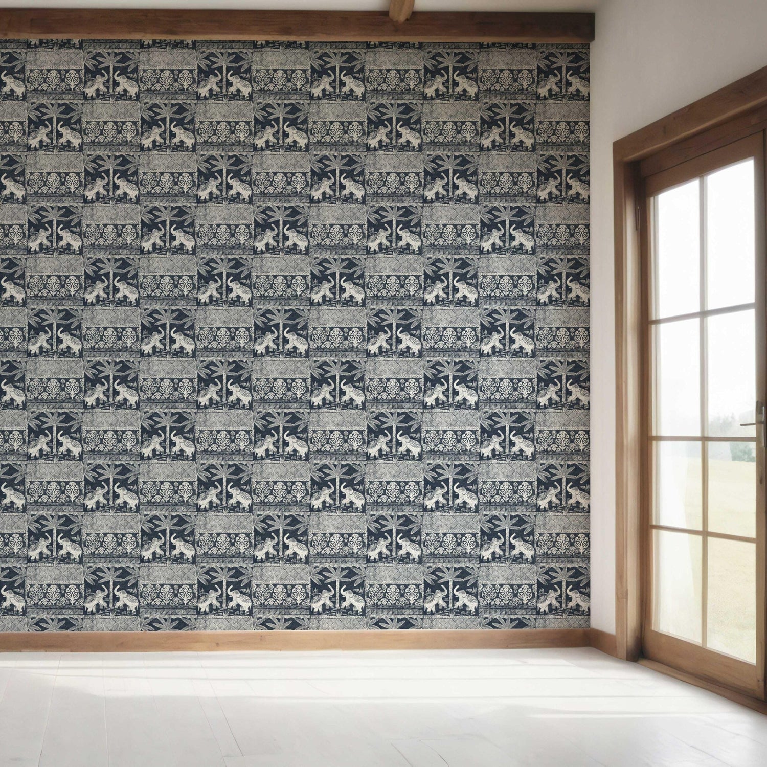 Ethnic/ Heritage Elephants & Animals Print Bedroom Wallpaper (Navy Blue/ White)