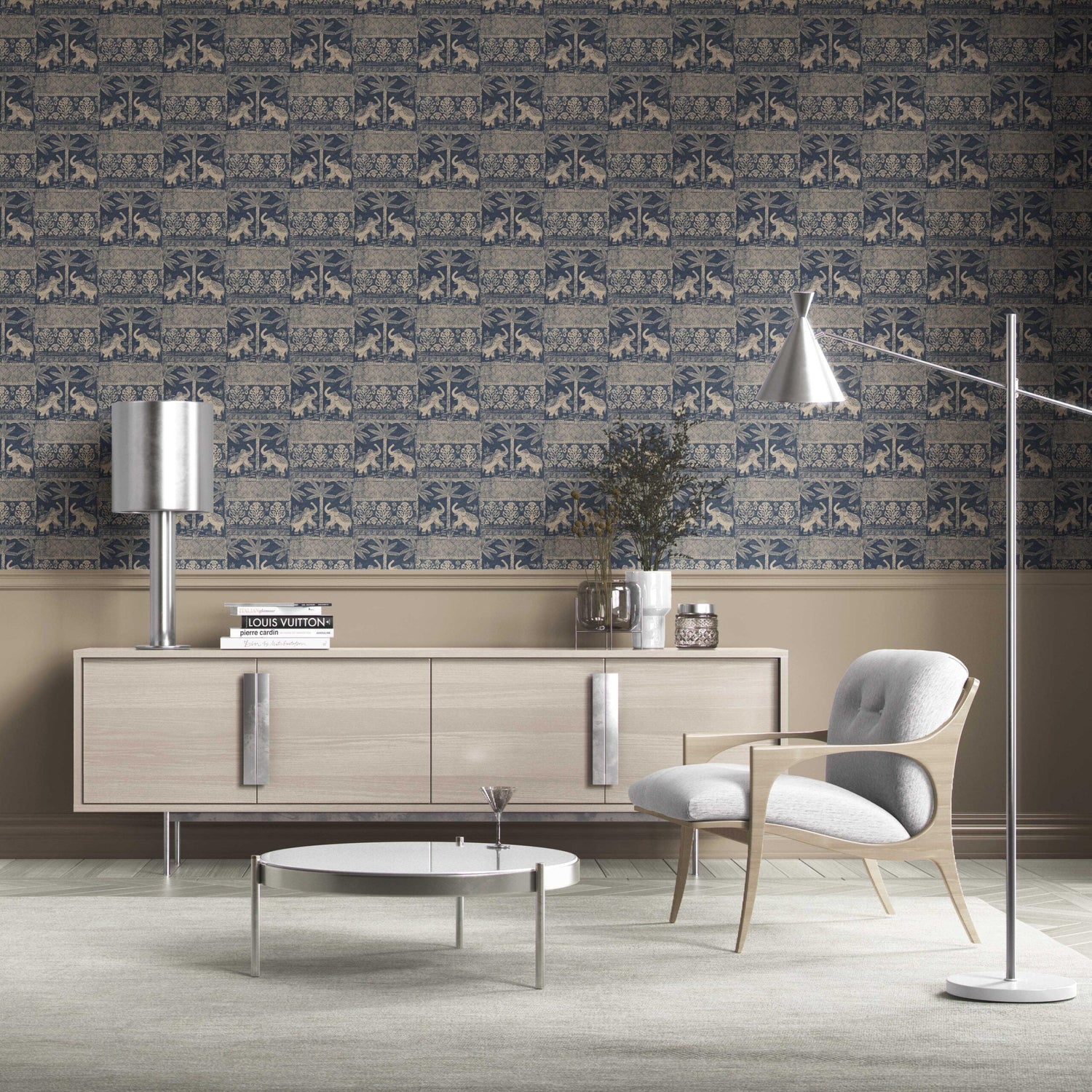 Ethnic/ Heritage Elephants & Animals Print Kitchen Wallpaper (Smoky Blue/ Beige)