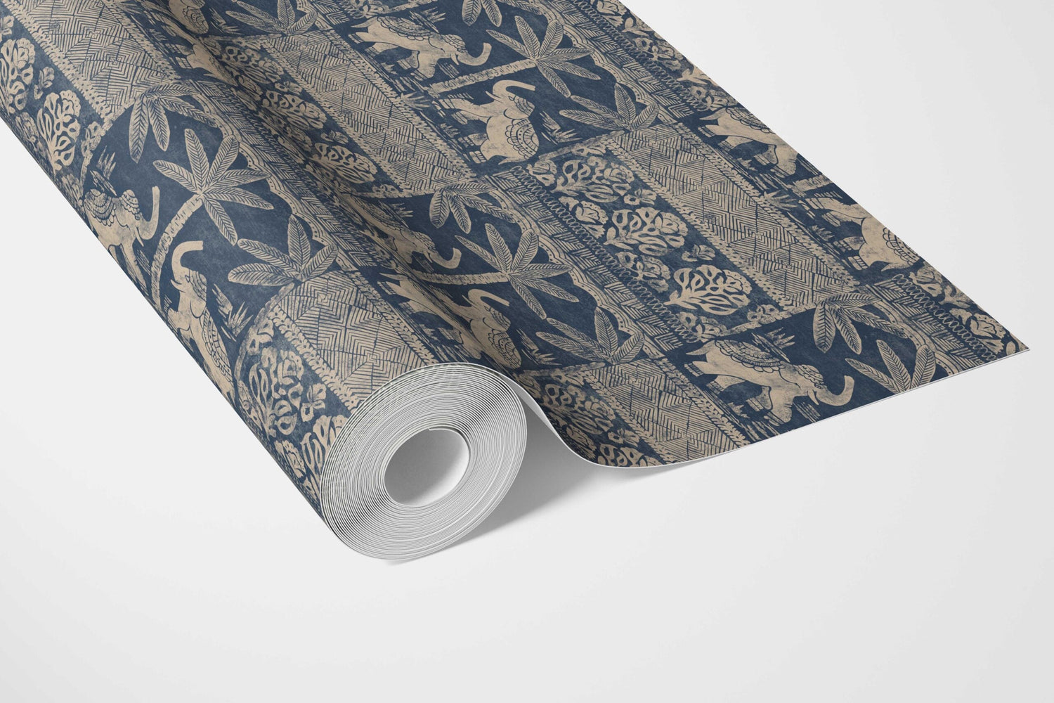 Ethnic/ Heritage Elephants & Animals Print Bathroom Wallpaper (Smoky Blue/ Beige)