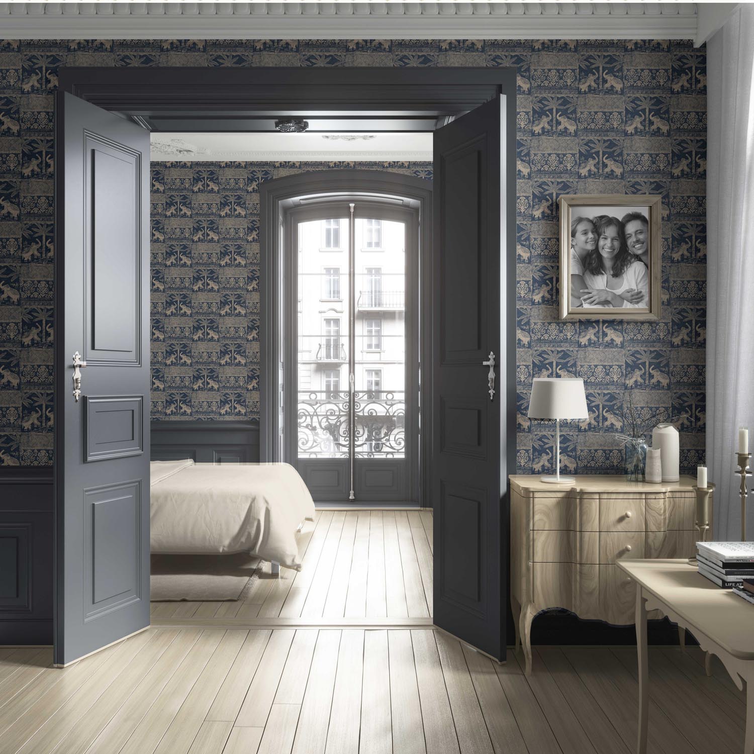 Ethnic/ Heritage Elephants & Animals Print Living Room Wallpaper (Smoky Blue/ Beige)