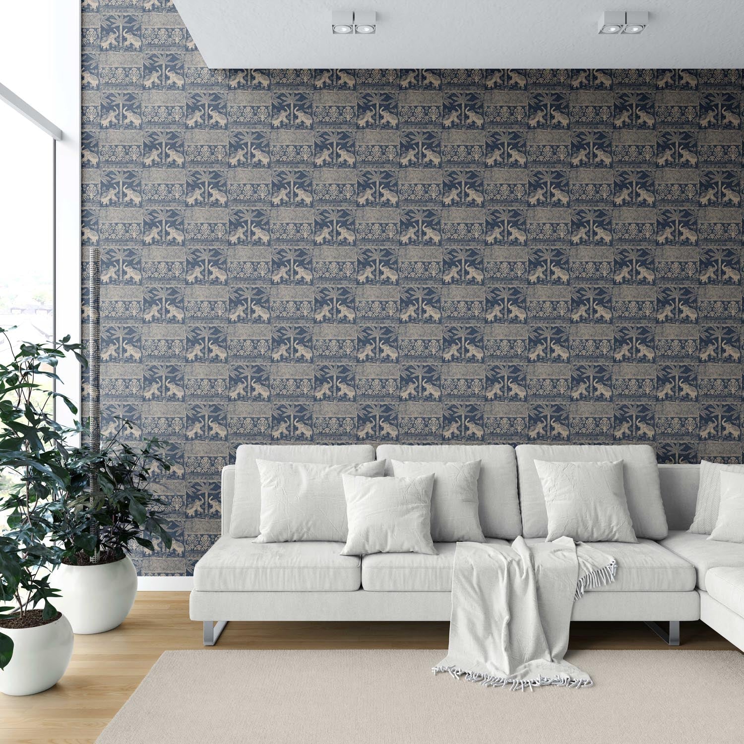 Ethnic/ Heritage Elephants & Animals Print Shower Toilet Wallpaper (Smoky Blue/ Beige)