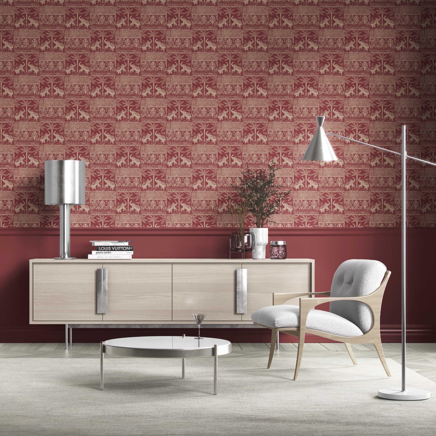 Ethnic/ Heritage Elephants & Animals Print Kitchen Wallpaper (Red/ Beige)