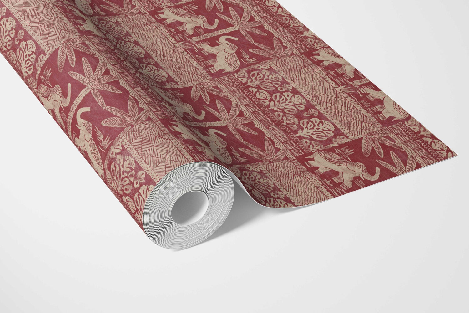 Ethnic/ Heritage Elephants & Animals Print Bathroom Wallpaper (Red/ Beige)