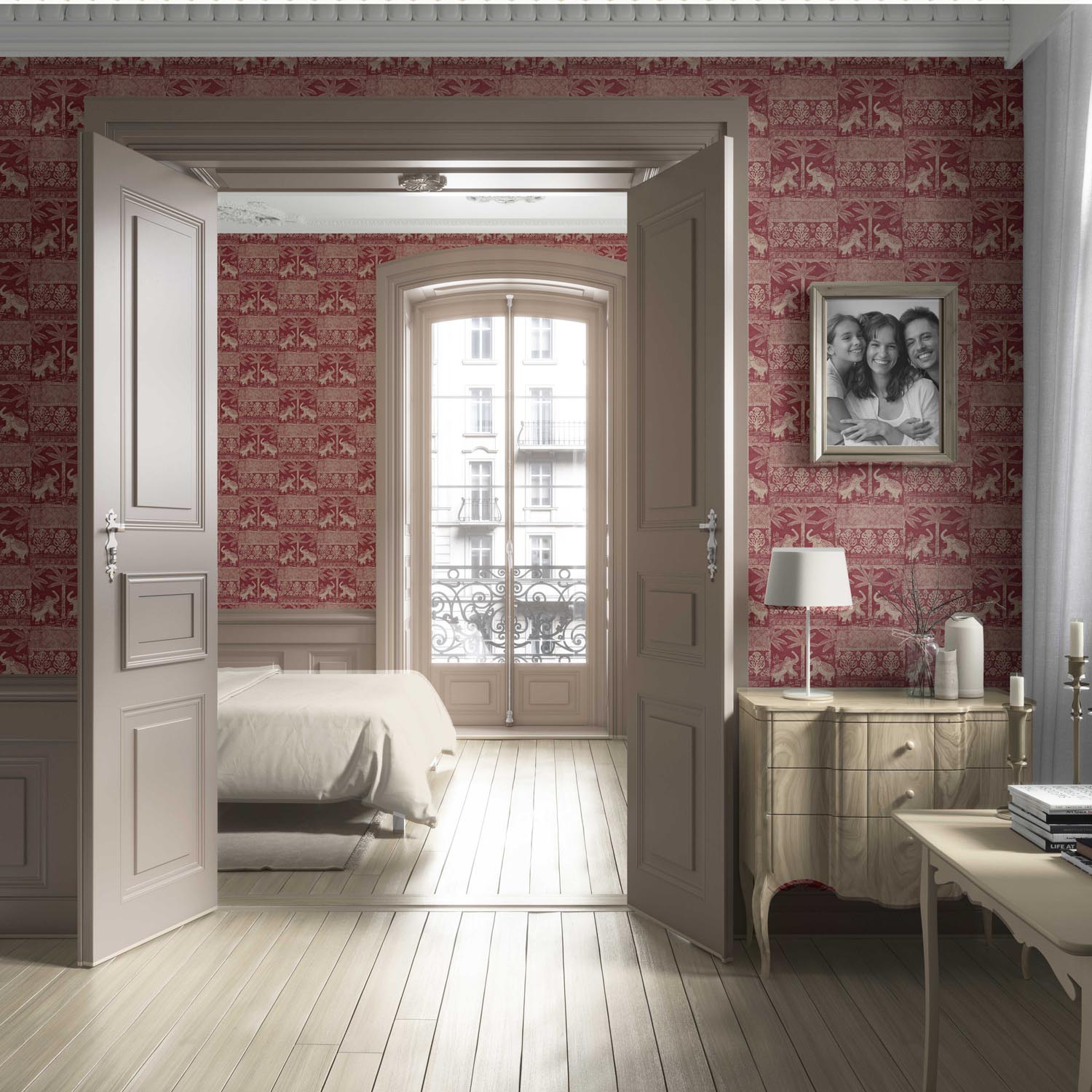 Ethnic/ Heritage Elephants & Animals Print Living Room Wallpaper (Red/ Beige)