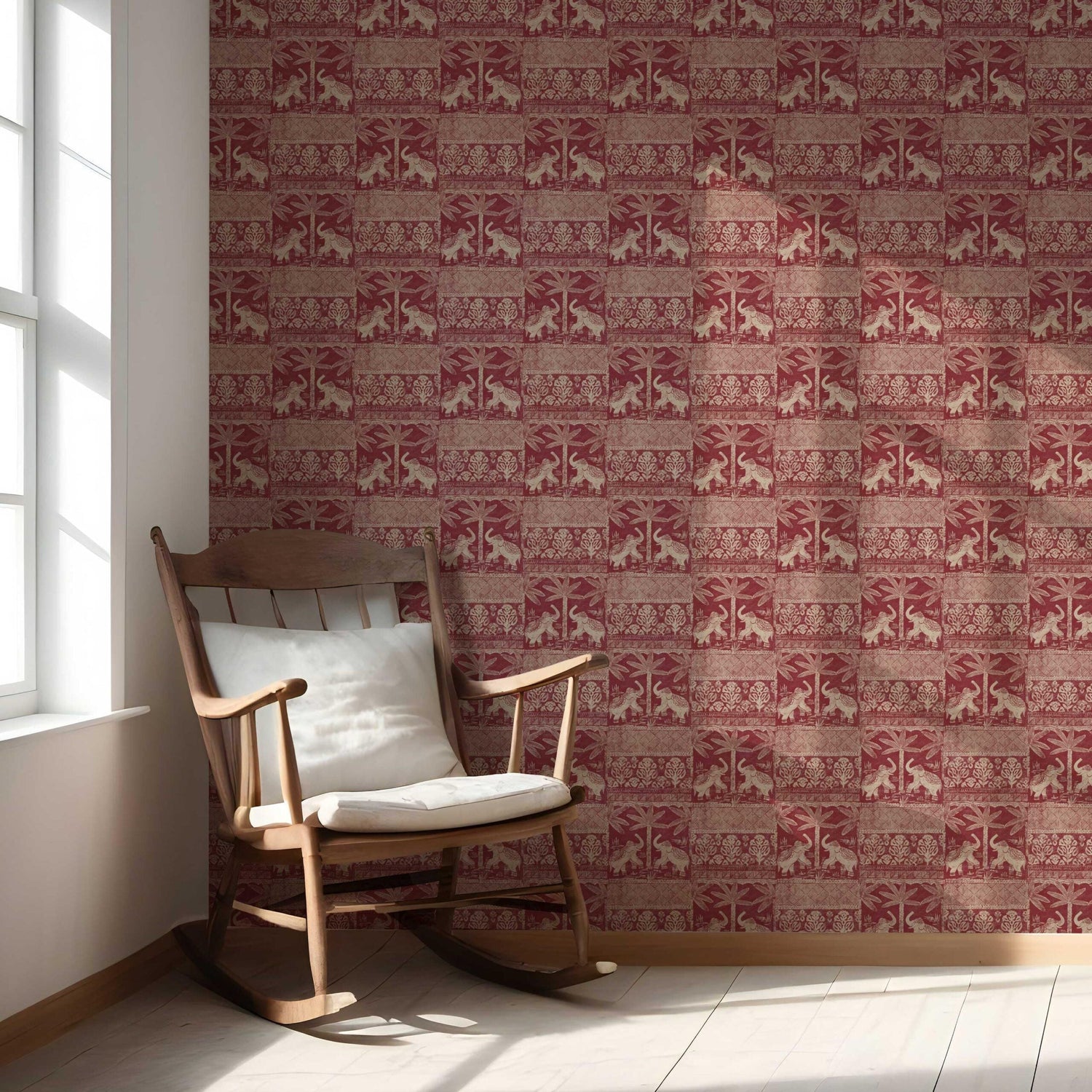 Ethnic/ Heritage Elephants & Animals Print Nursery Wallpaper (Red/ Beige)