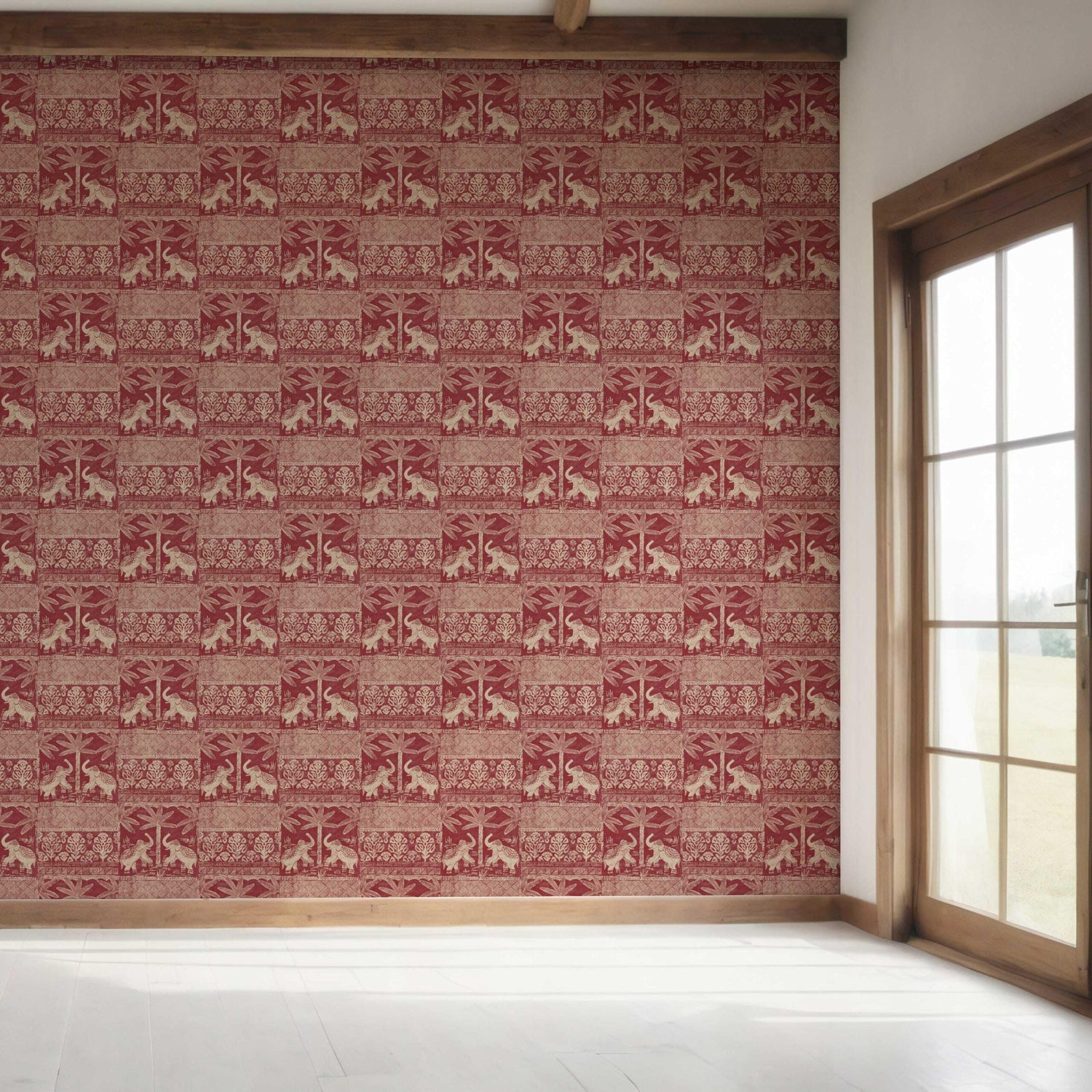 Ethnic/ Heritage Elephants & Animals Print Bedroom Wallpaper (Red/ Beige)