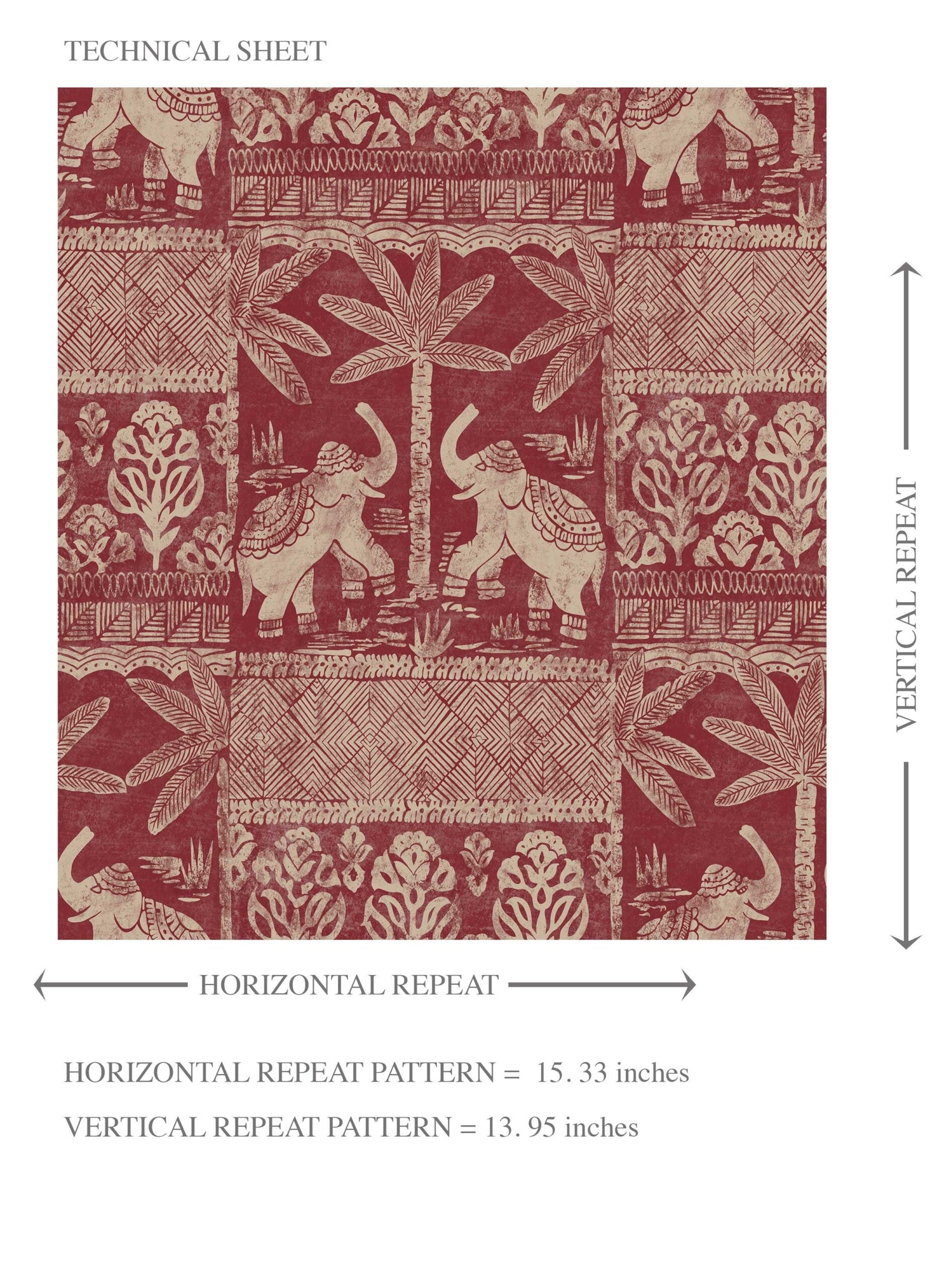 Ethnic/ Heritage Elephants & Animals Print Kids Room Wallpaper (Red/ Beige)