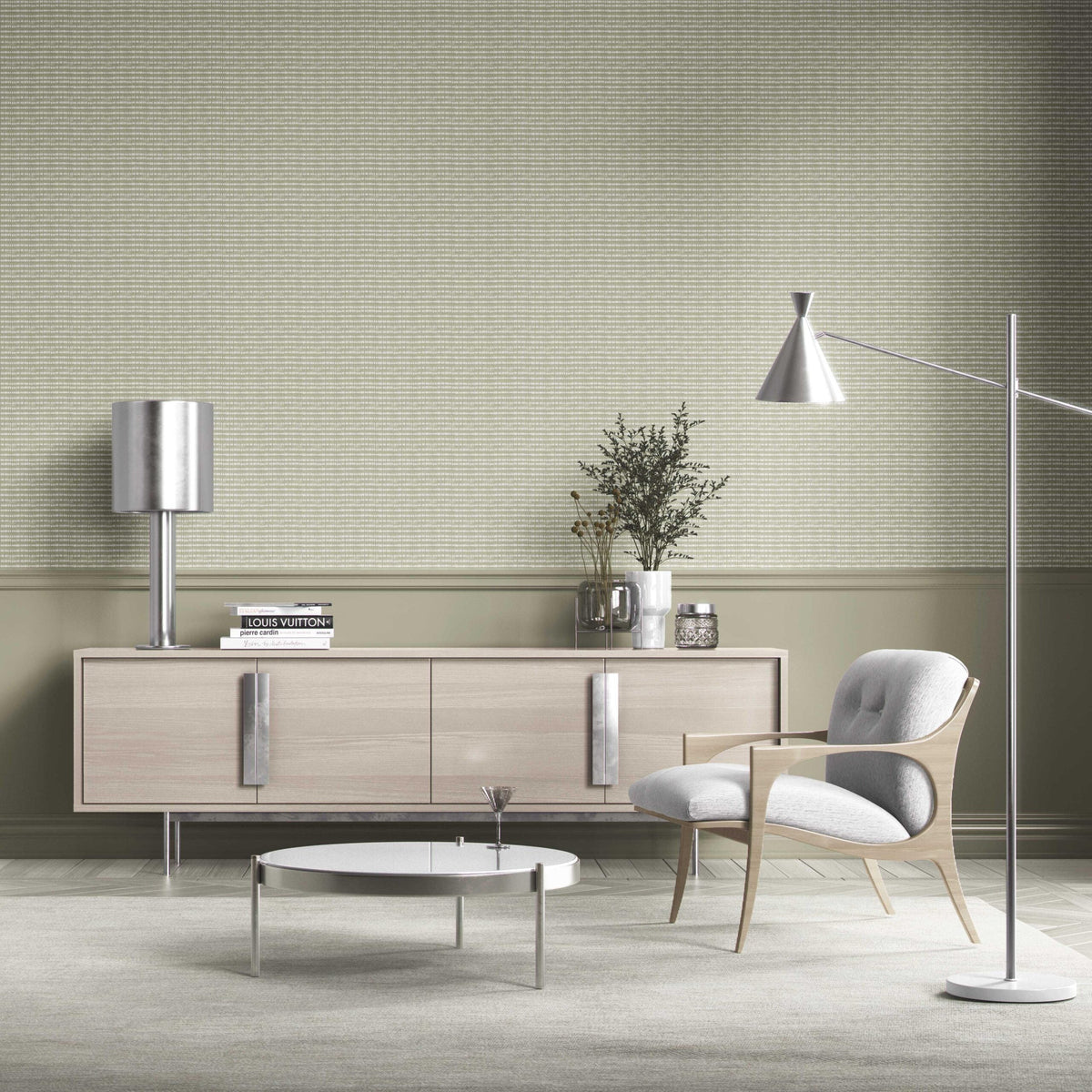 Textured Shibori Effect Striped Bathroom Wallpaper (Olive Green/ White)