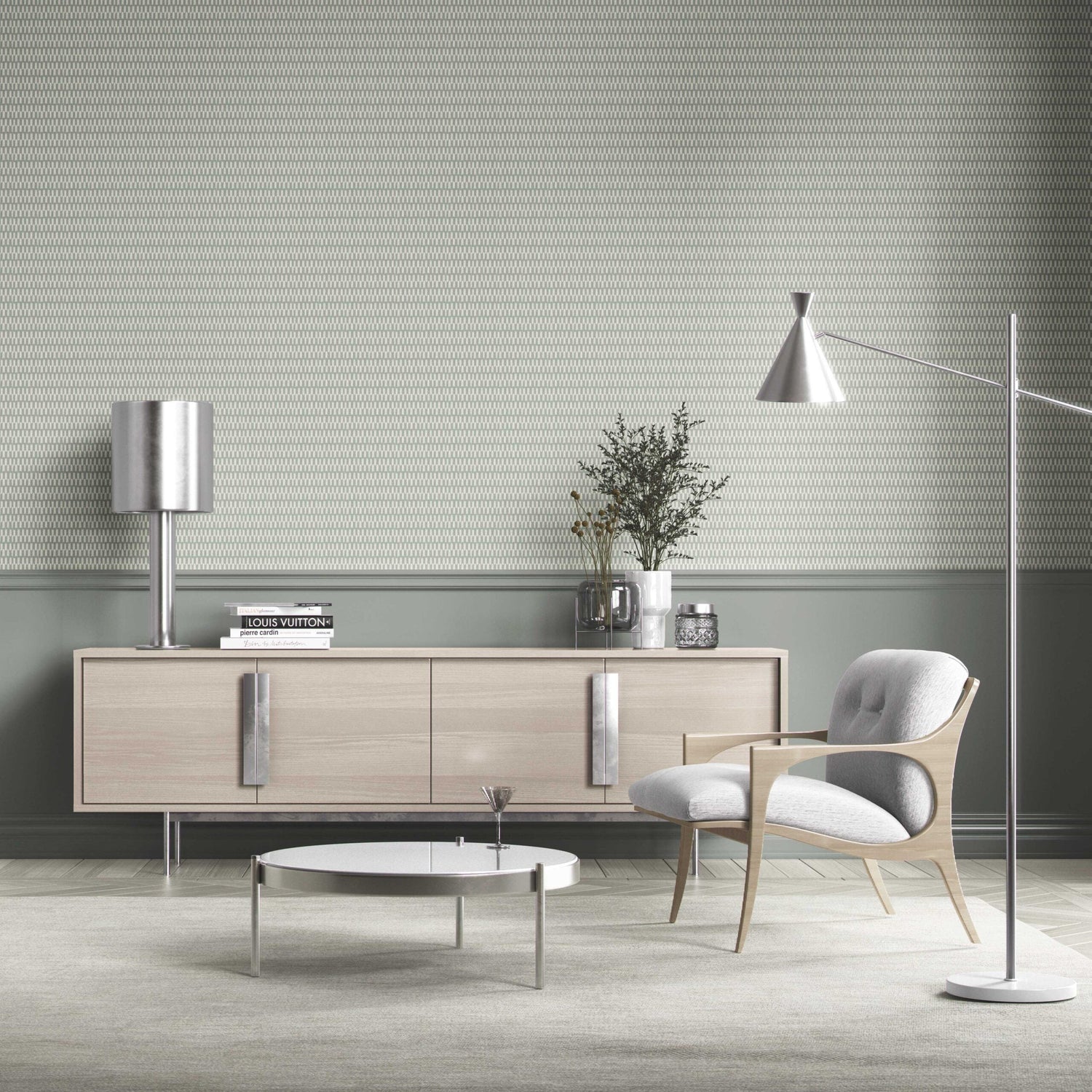 Modern Neutral-Toned/ Micro-Patterned Bathroom Wallpaper (Sage Gray)