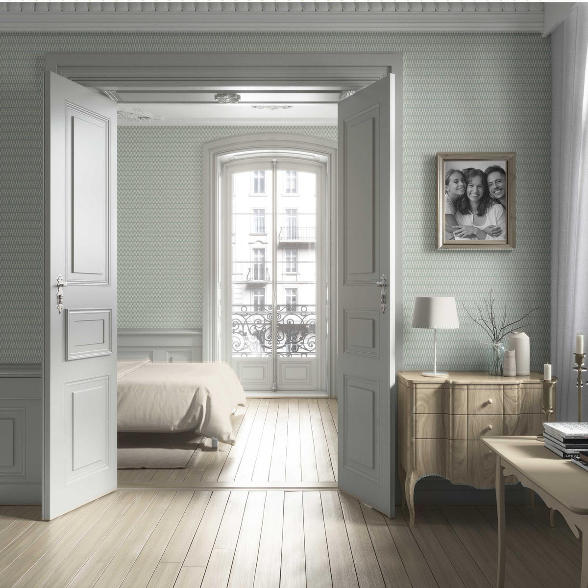 Modern Geometric Micro-Print Living Room Wallpaper (Duck Egg Blue/ White)