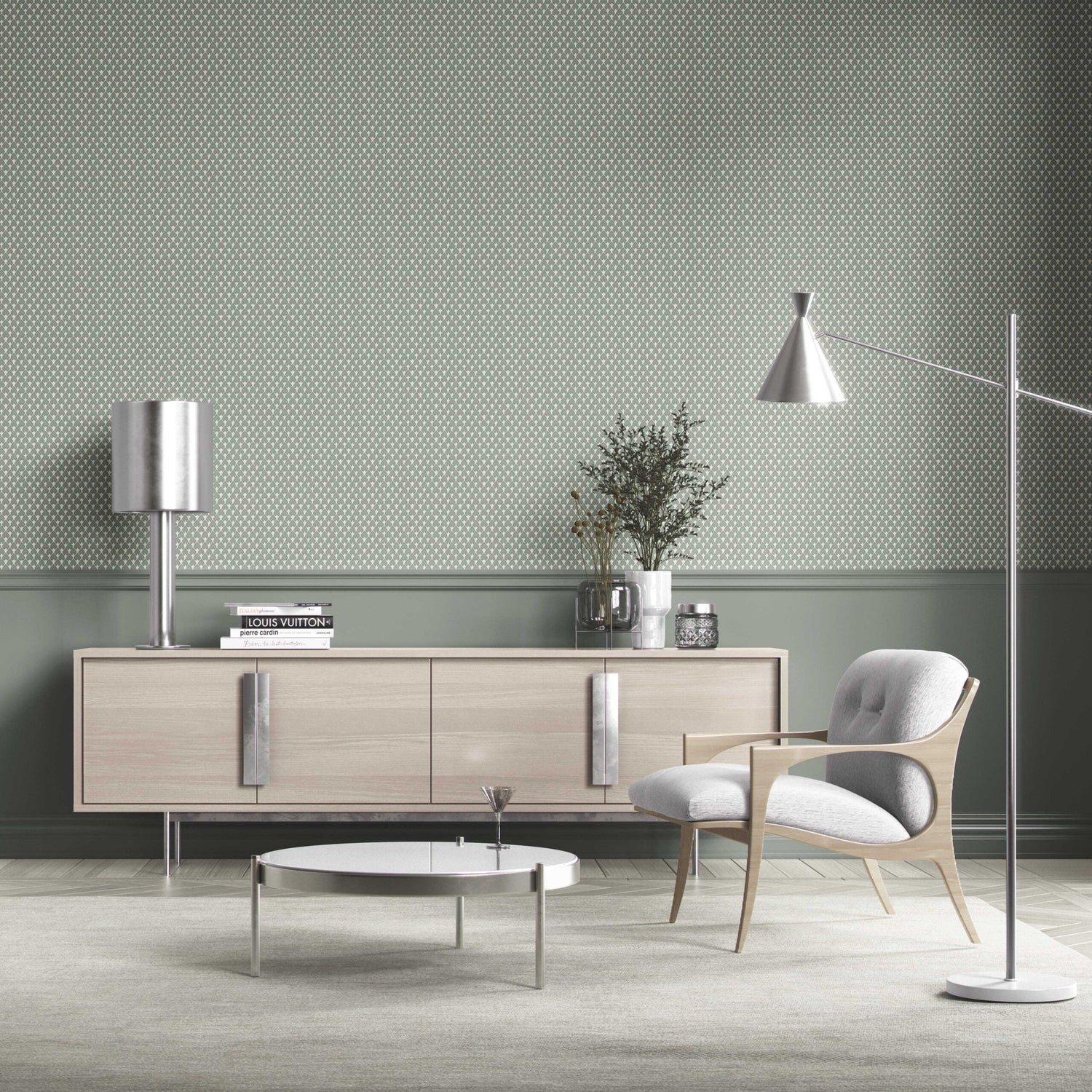 Neutral-Toned Small-Scale Geometric Print Bathroom Wallpaper (Gray-Green/ White)