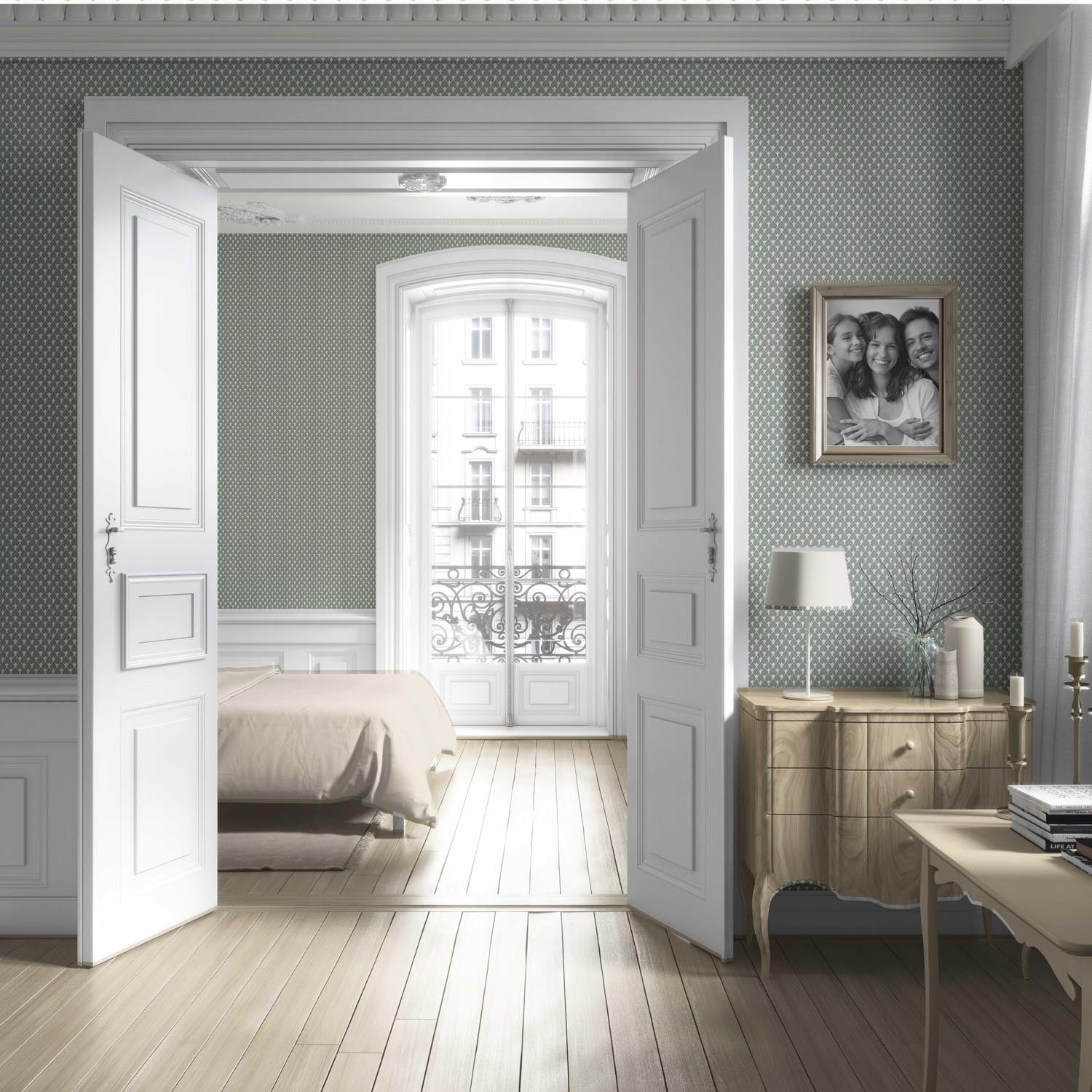 Neutral-Toned Small-Scale Geometric Print Living Room Wallpaper (Gray-Green/ White)