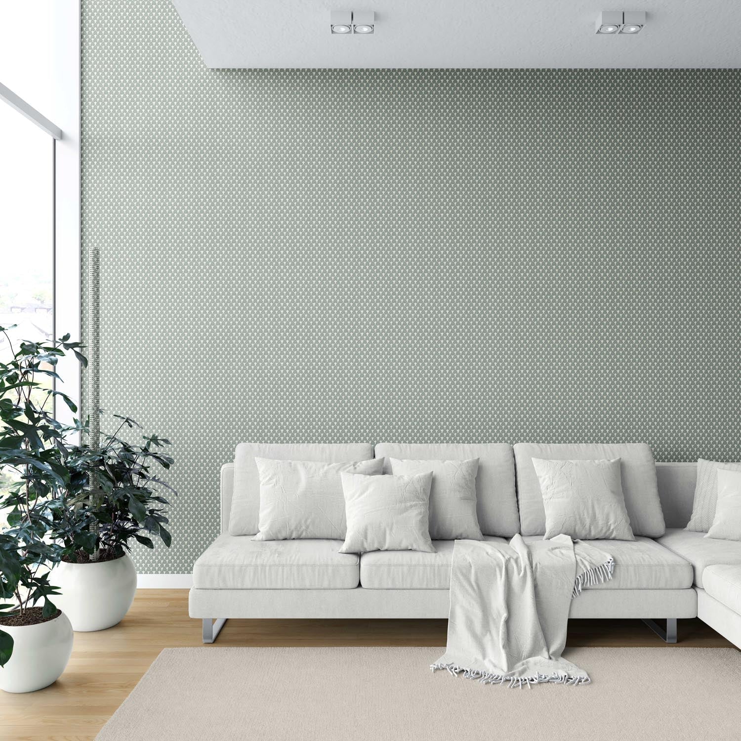 Neutral-Toned Small-Scale Geometric Print Shower Toilet Wallpaper (Gray-Green/ White)