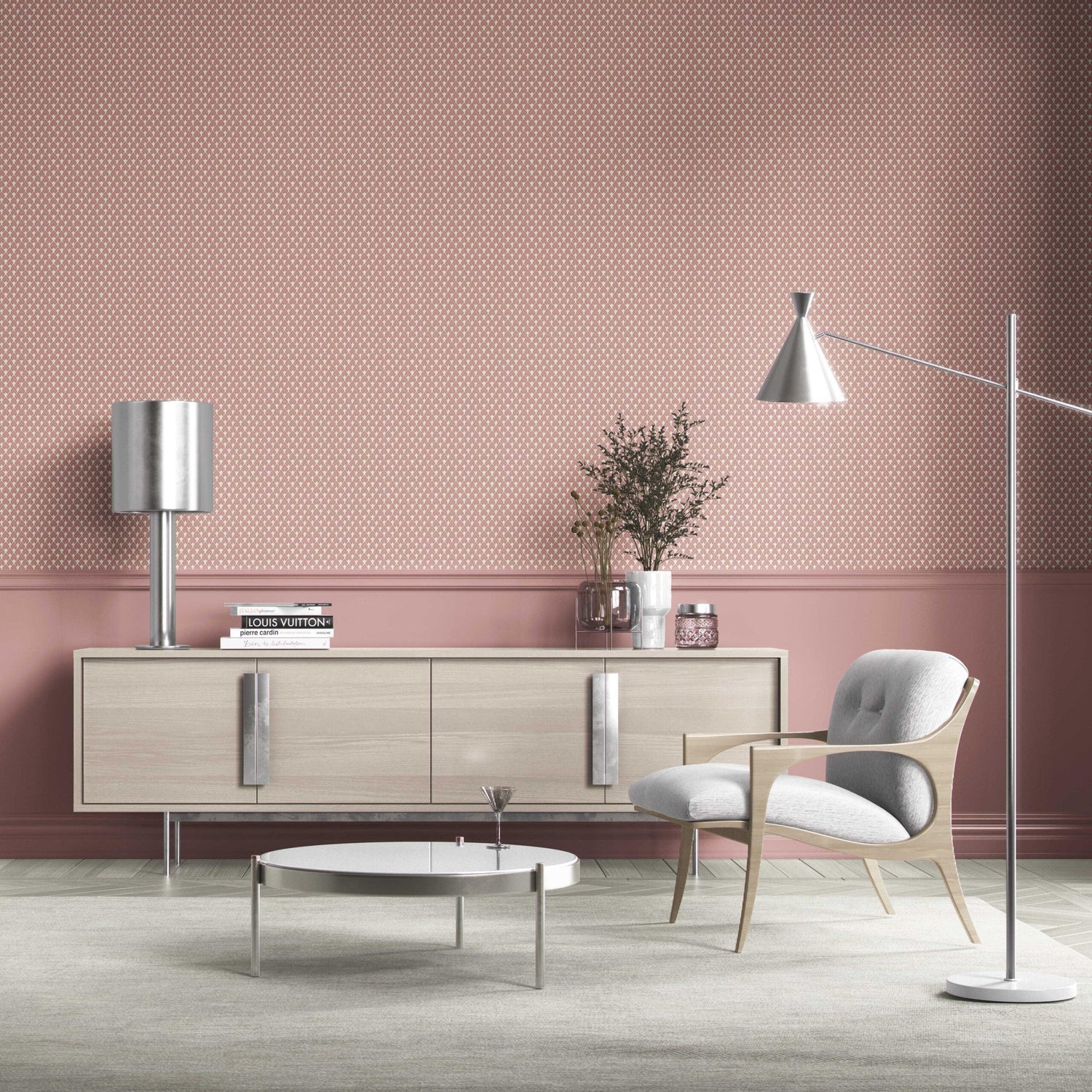 Small-Scale Geometric Print Bathroom Wallpaper (Blush Pink/ White)