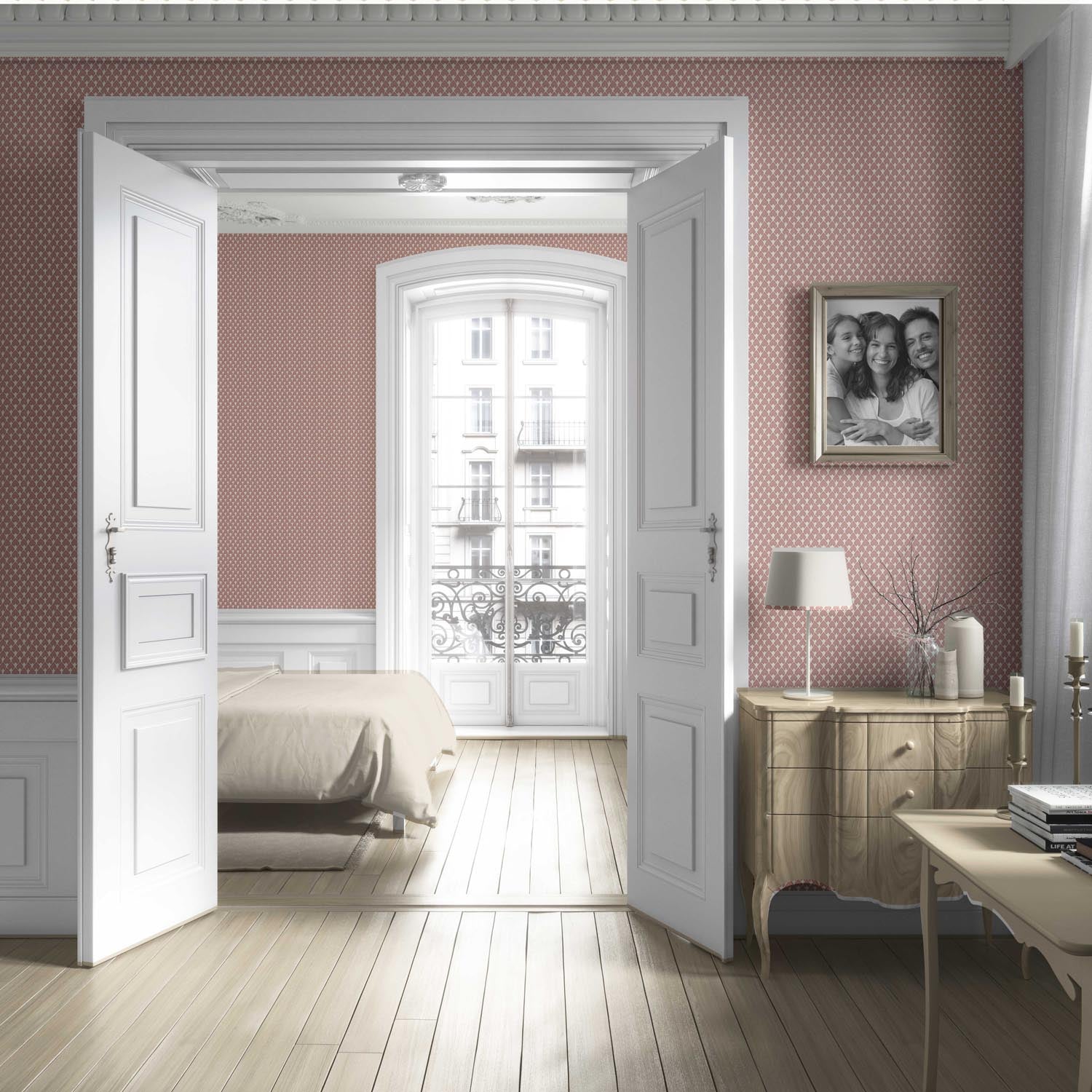 Small-Scale Geometric Print Living Room Wallpaper (Blush Pink/ White)