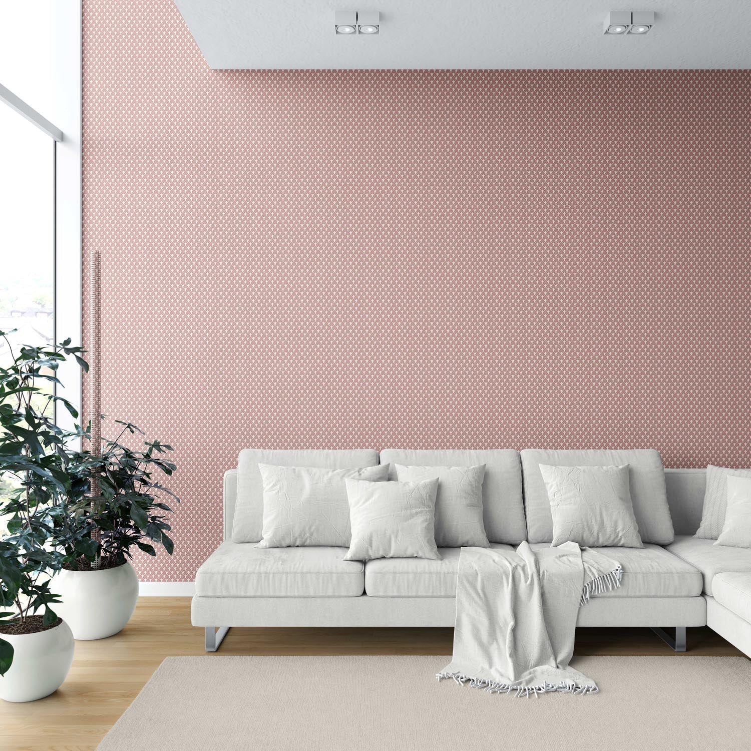 Small-Scale Geometric Print Shower Toilet Wallpaper (Blush Pink/ White)
