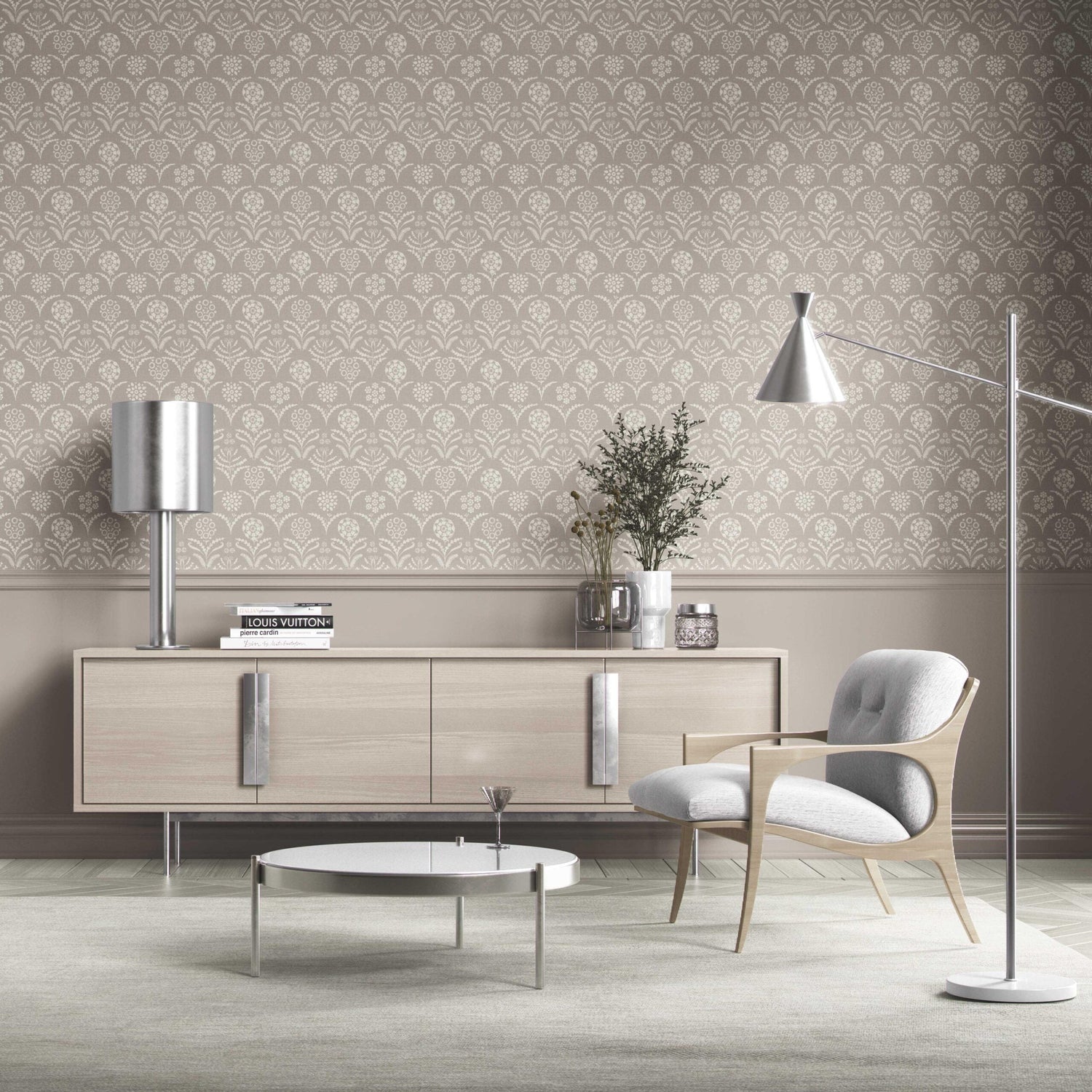 Modern Neural-Toned Floral/ Botanical Kitchen Wallpaper (Warm Gray/ Greige/ White)
