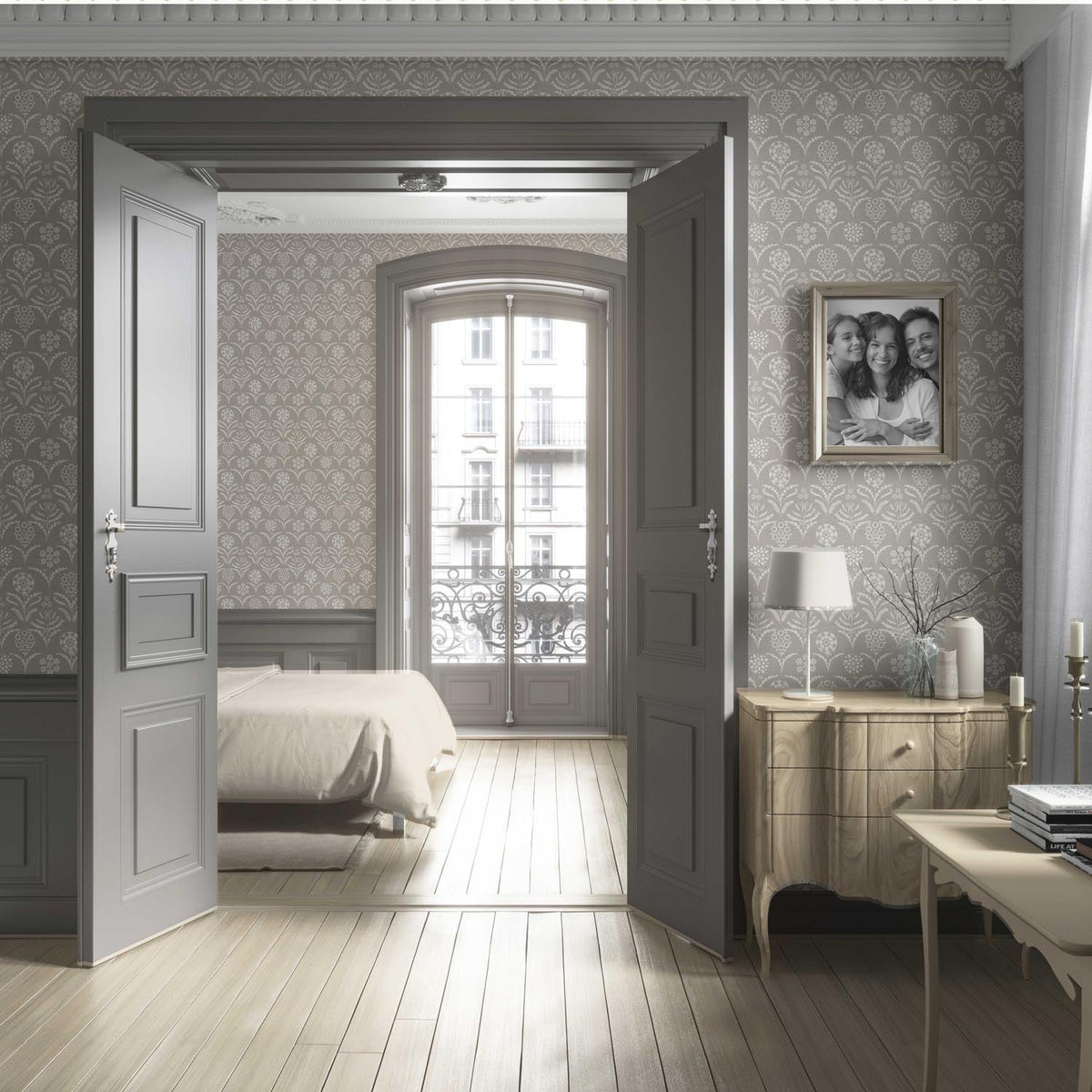 Modern Neural-Toned Floral/ Botanical Living Room Wallpaper (Warm Gray/ Greige/ White)