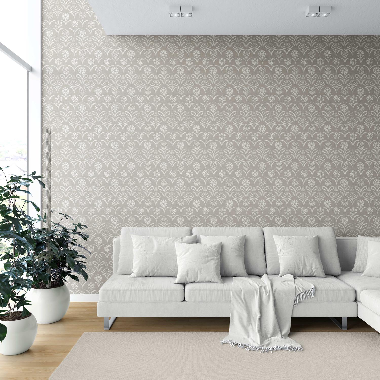 Modern Neural-Toned Floral/ Botanical Shower Toilet Wallpaper (Warm Gray/ Greige/ White)