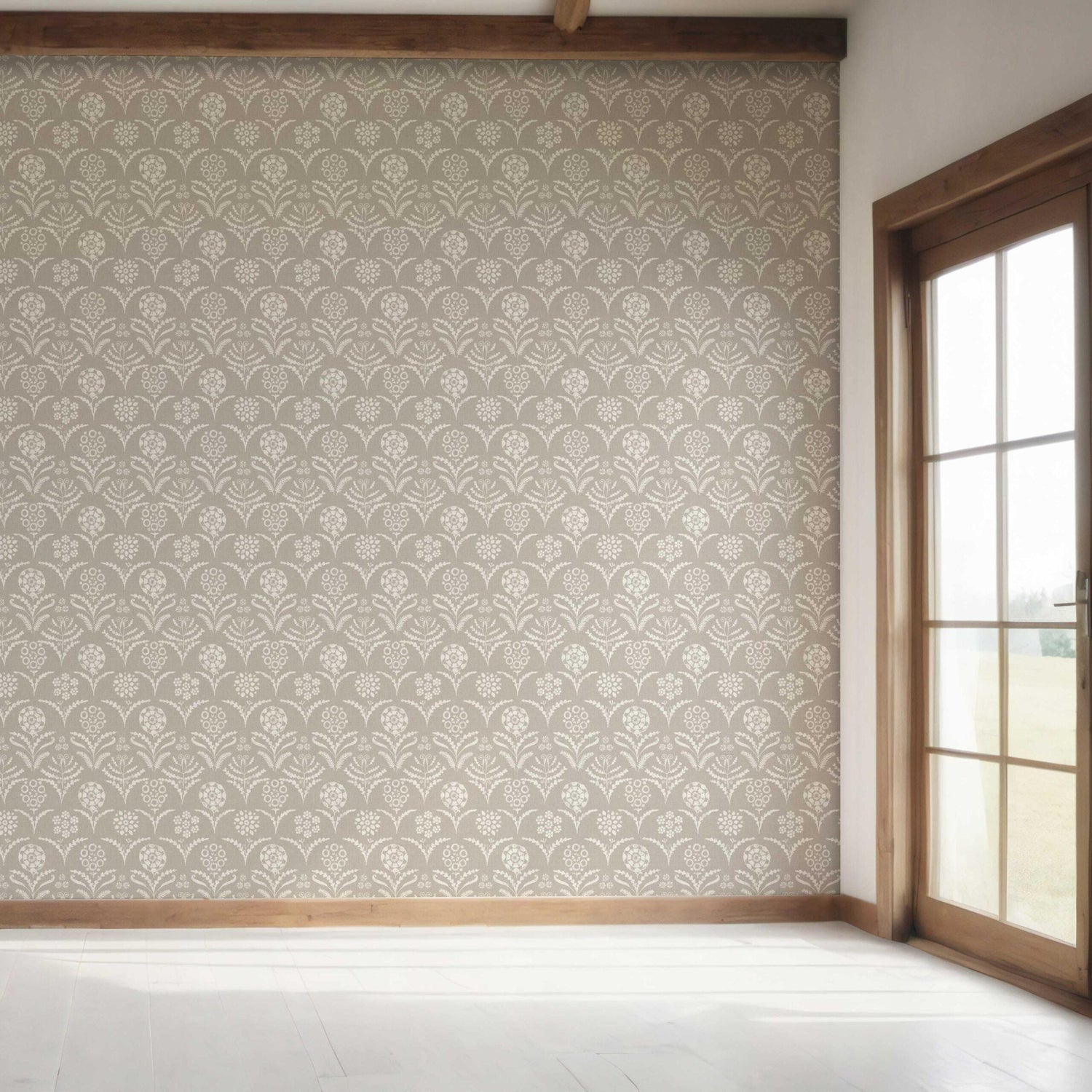 Modern Neural-Toned Floral/ Botanical Bedroom Wallpaper (Warm Gray/ Greige/ White)