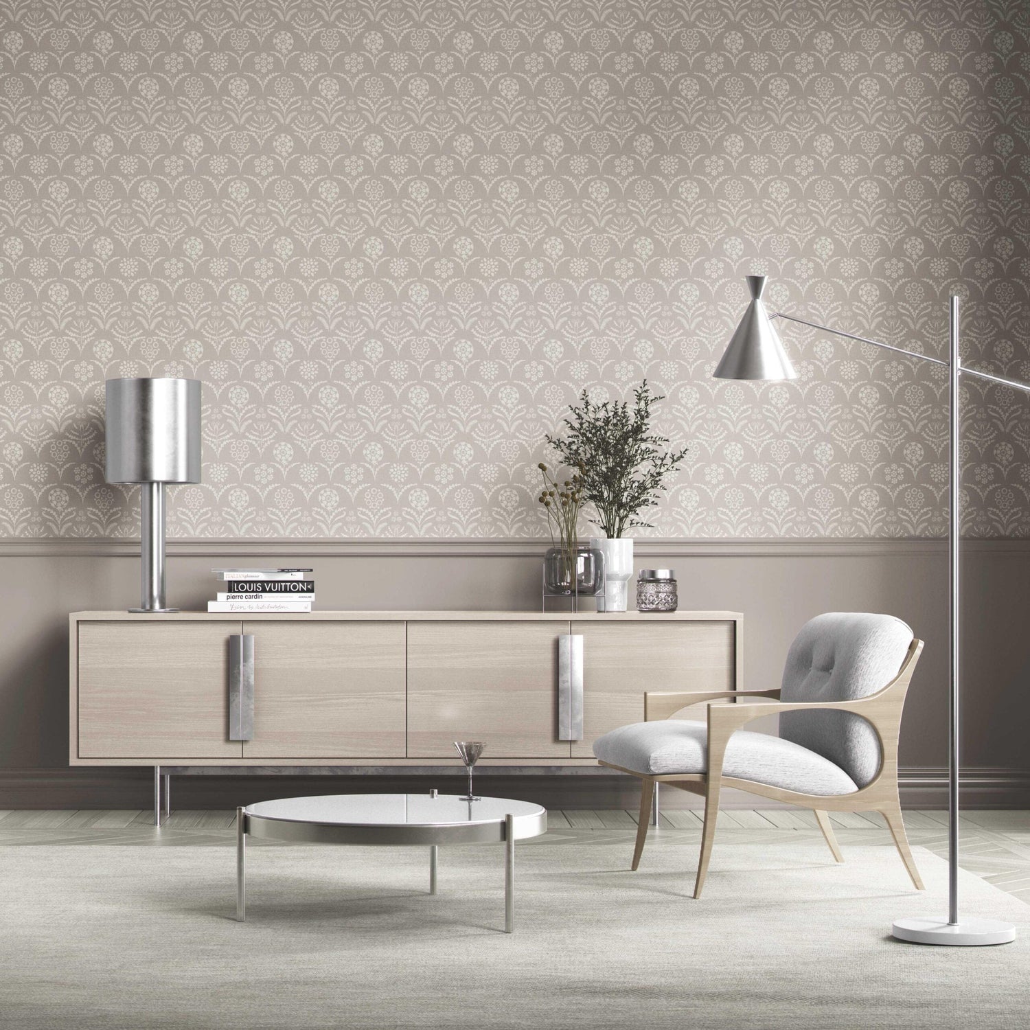 Modern Neural-Toned Floral/ Botanical Kitchen Wallpaper (Gray/ Taupe)