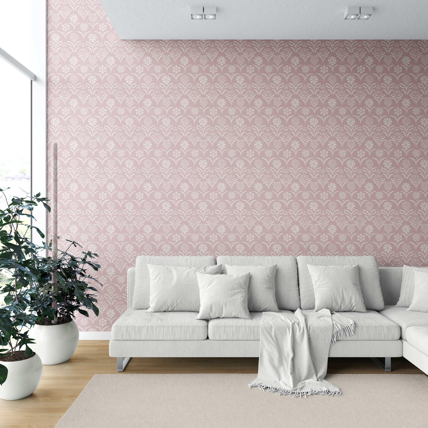 Modern Floral Botanical Shower Toilet Wallpaper (Pink/ White)