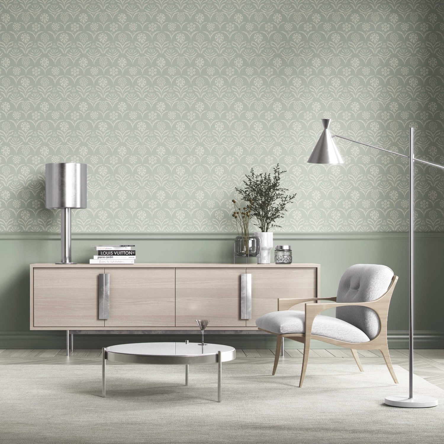 Modern Floral Botanical Kitchen Wallpaper (Pastel Blue)