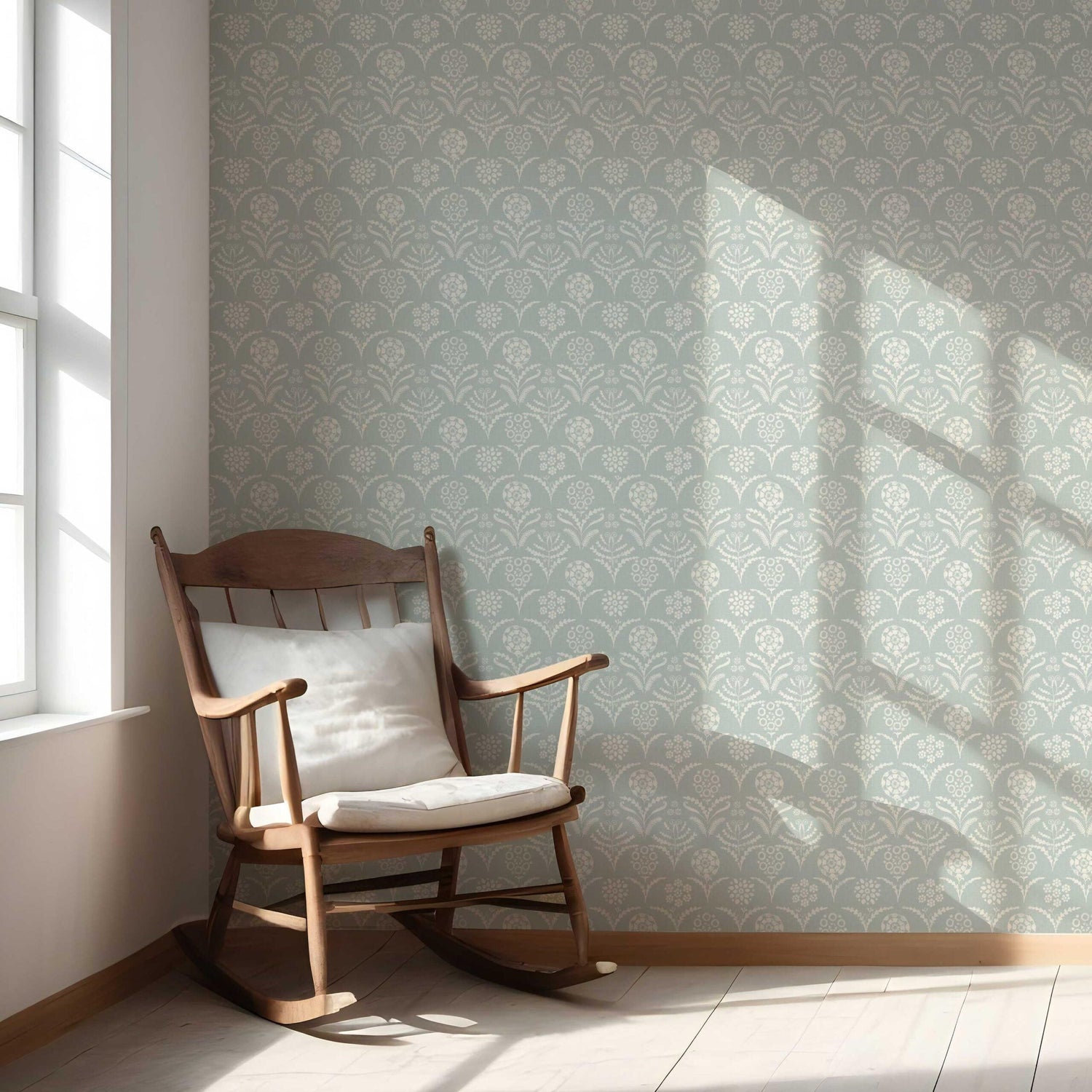 Modern Floral Botanical Kitchen Wallpaper (Duck Egg Blue/ White)