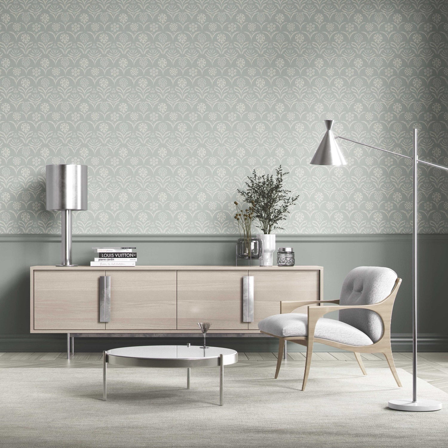 Modern Floral Botanical Nursery Wallpaper (Duck Egg Blue/ White)