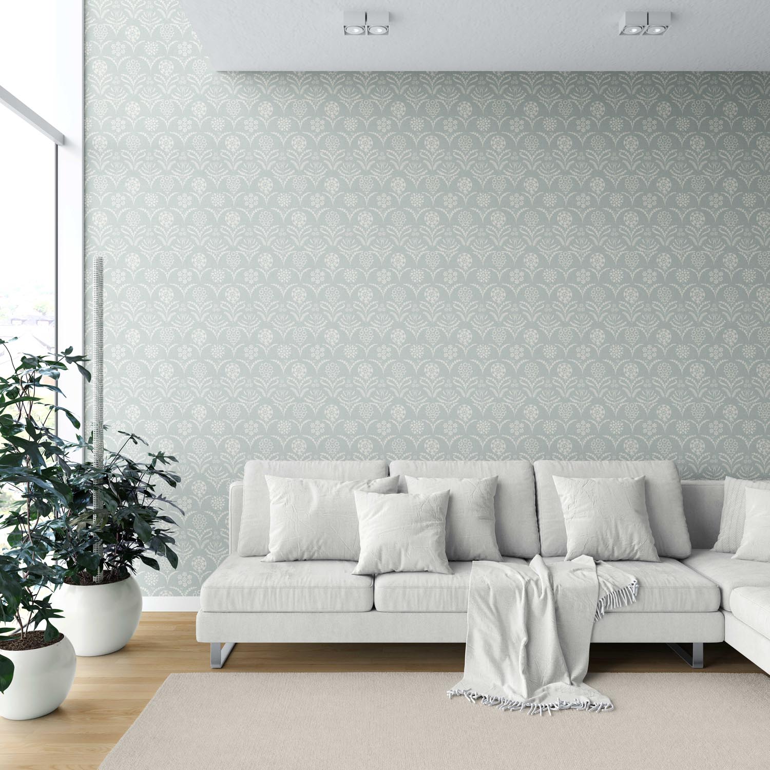 Modern Floral Botanical Shower Toilet Wallpaper (Duck Egg Blue/ White)