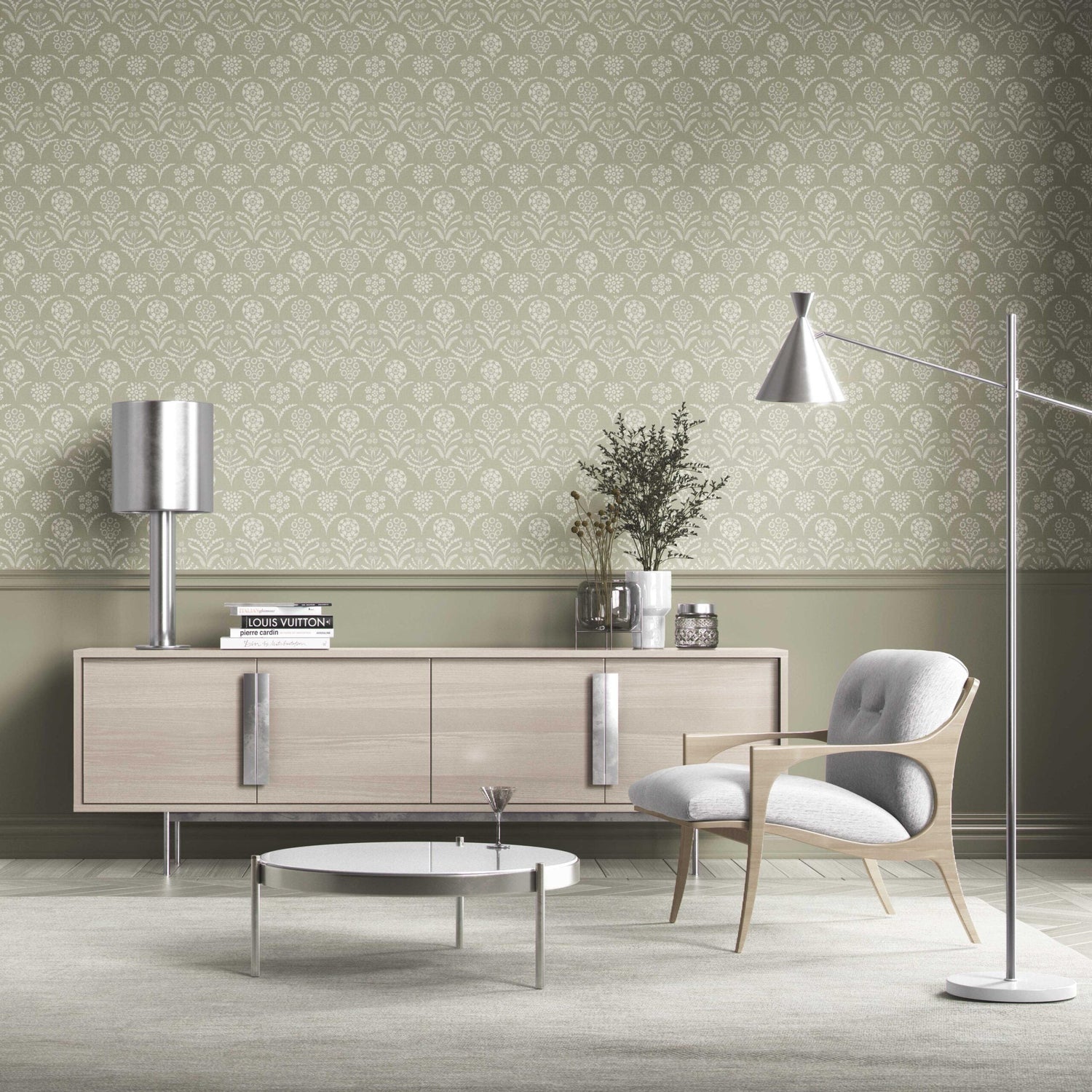 Modern Floral Botanical Kitchen Wallpaper (Light Olive Green)