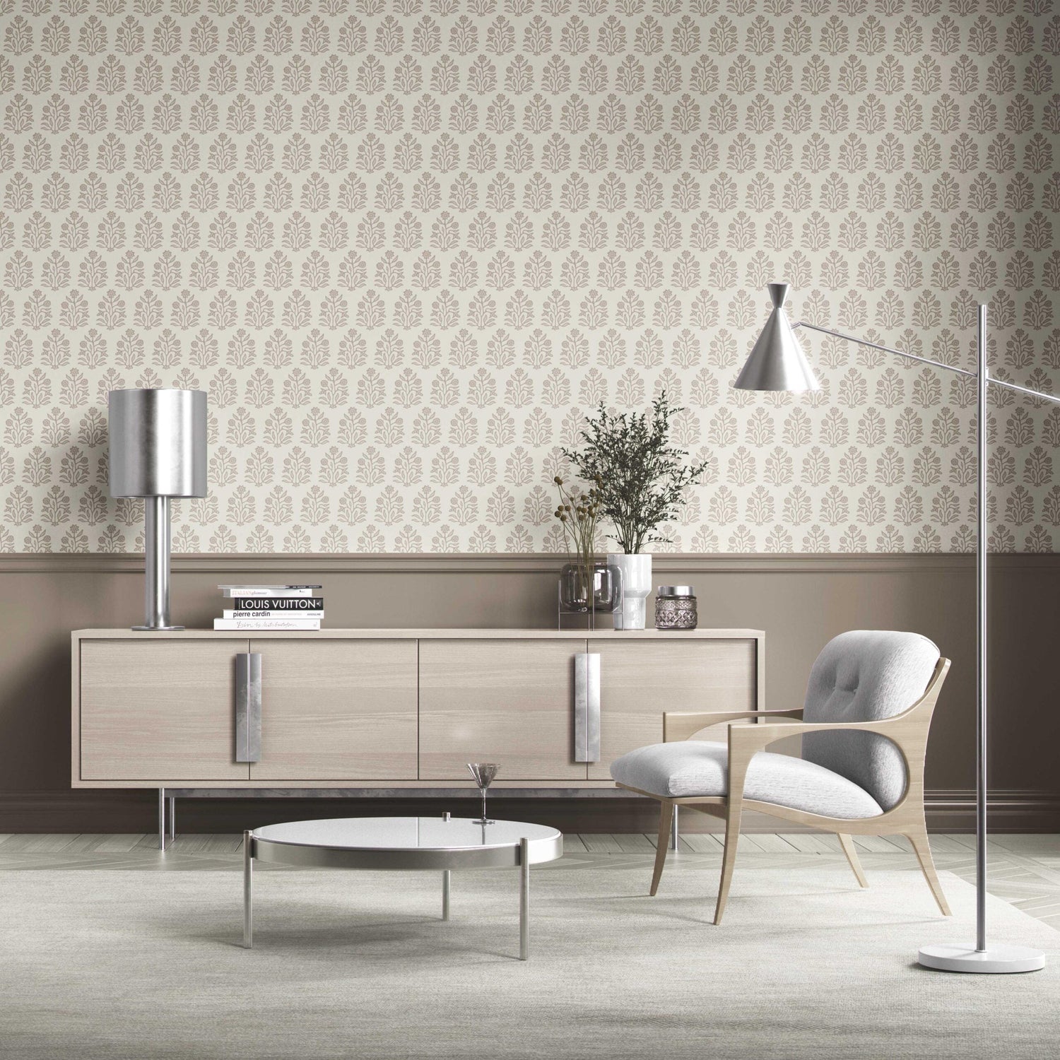 Vintage-Inspired Floral Block Print Kitchen Wallpaper (Cream/ Beige/ Greige)