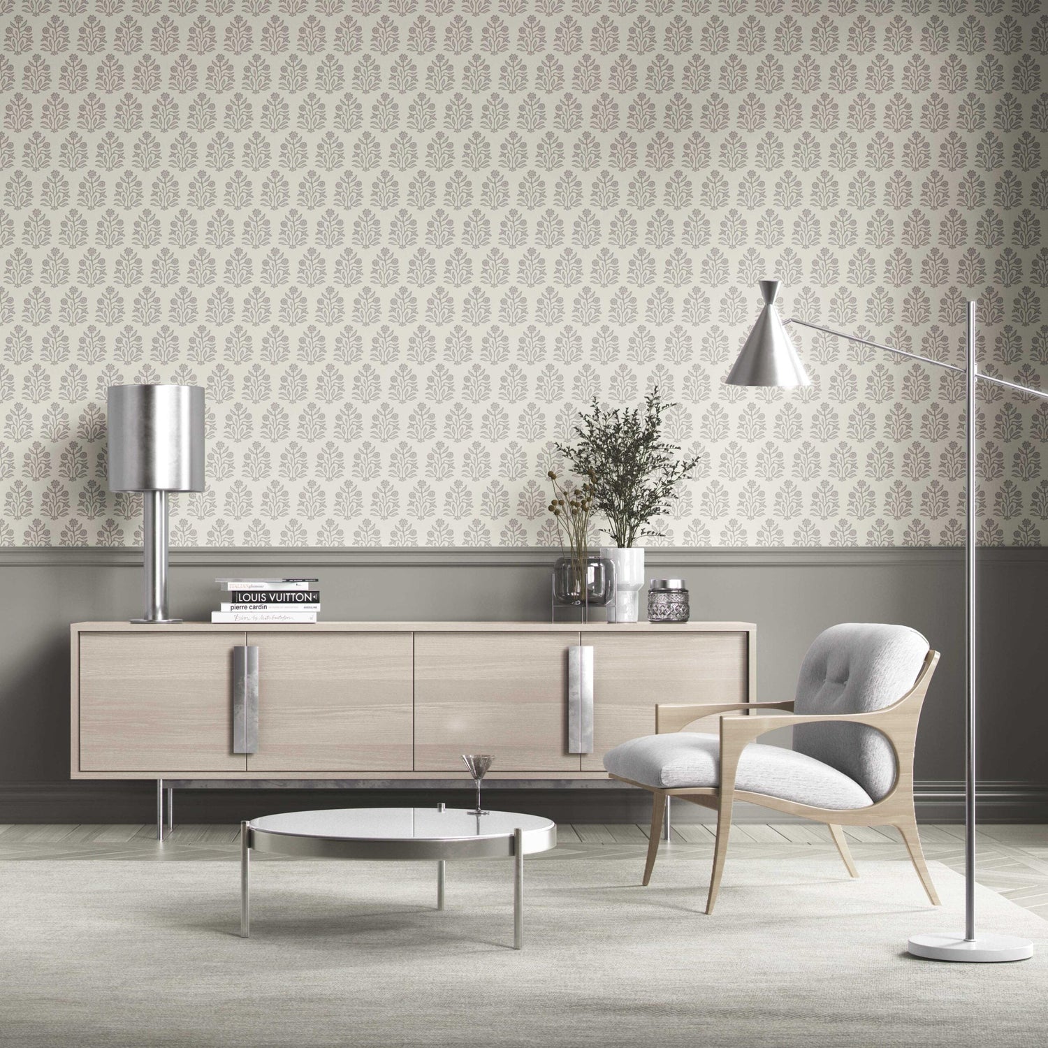 Neutral-Toned Botanical Floral Block Print Kitchen Wallpaper (Cream/ Gray/ Greige)