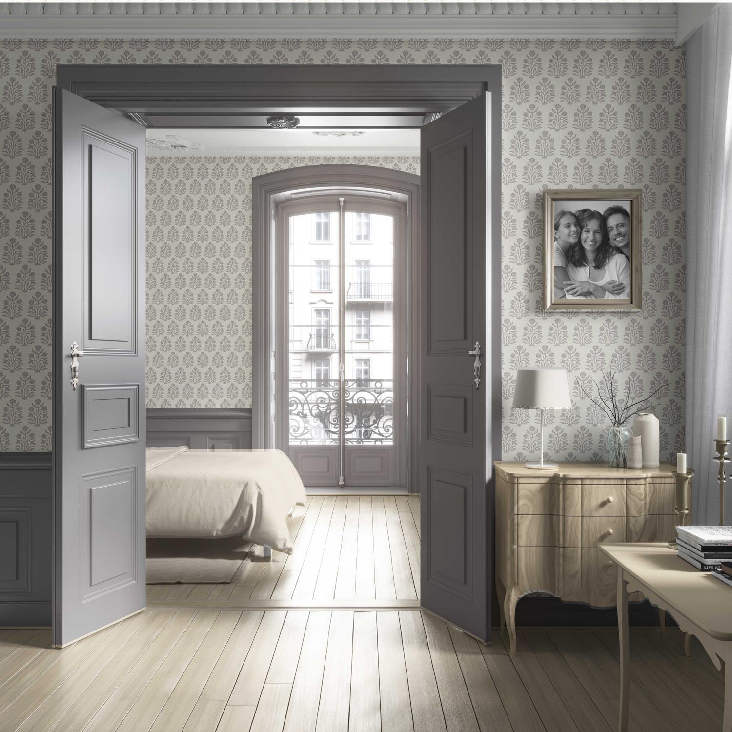 Neutral-Toned Botanical Floral Block Print Living Room Wallpaper (Cream/ Gray/ Greige)