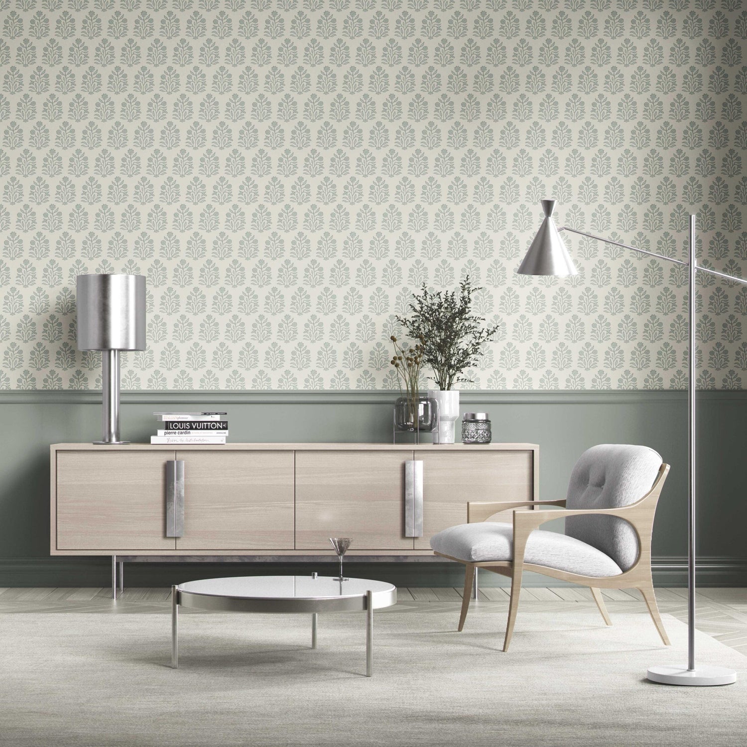 Vintage-Inspired Floral Block Print Kitchen Wallpaper (Cream/ Sage Green)