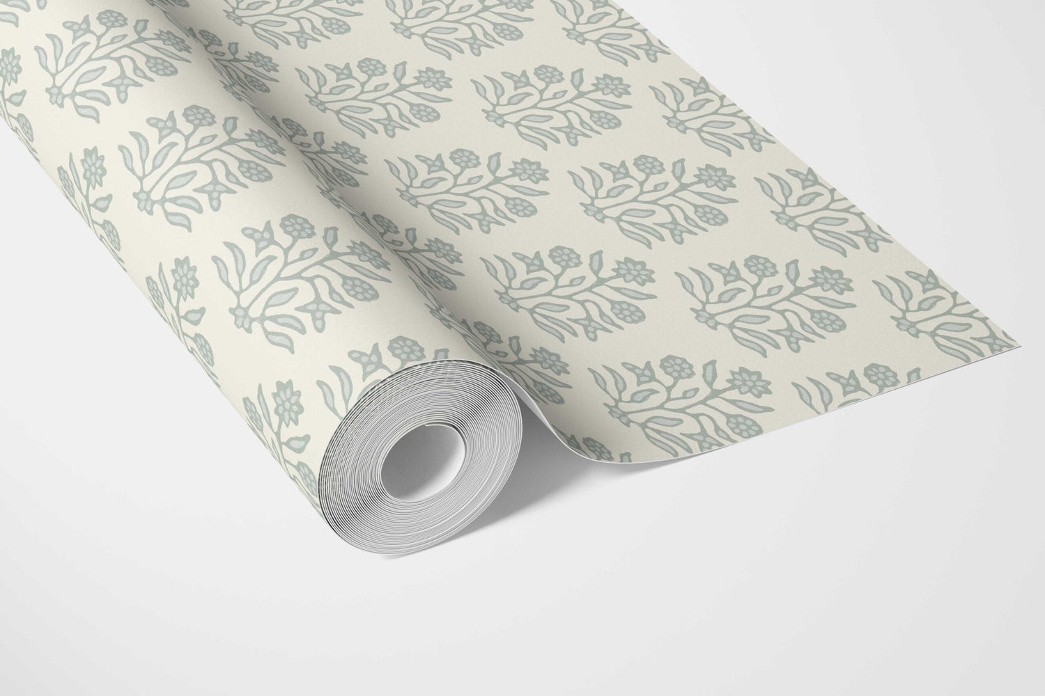 Vintage-Inspired Floral Block Print Bathroom Wallpaper (Cream/ Sage Green)