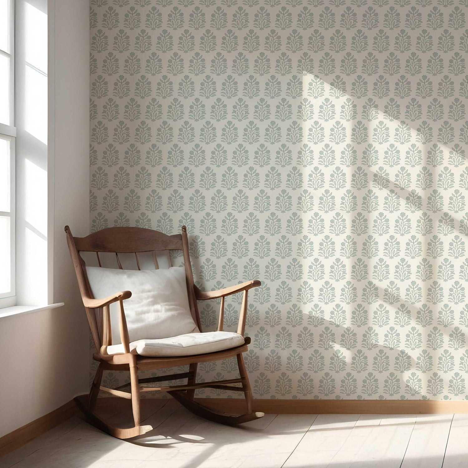 Vintage-Inspired Floral Block Print Nursery Wallpaper (Cream/ Sage Green)