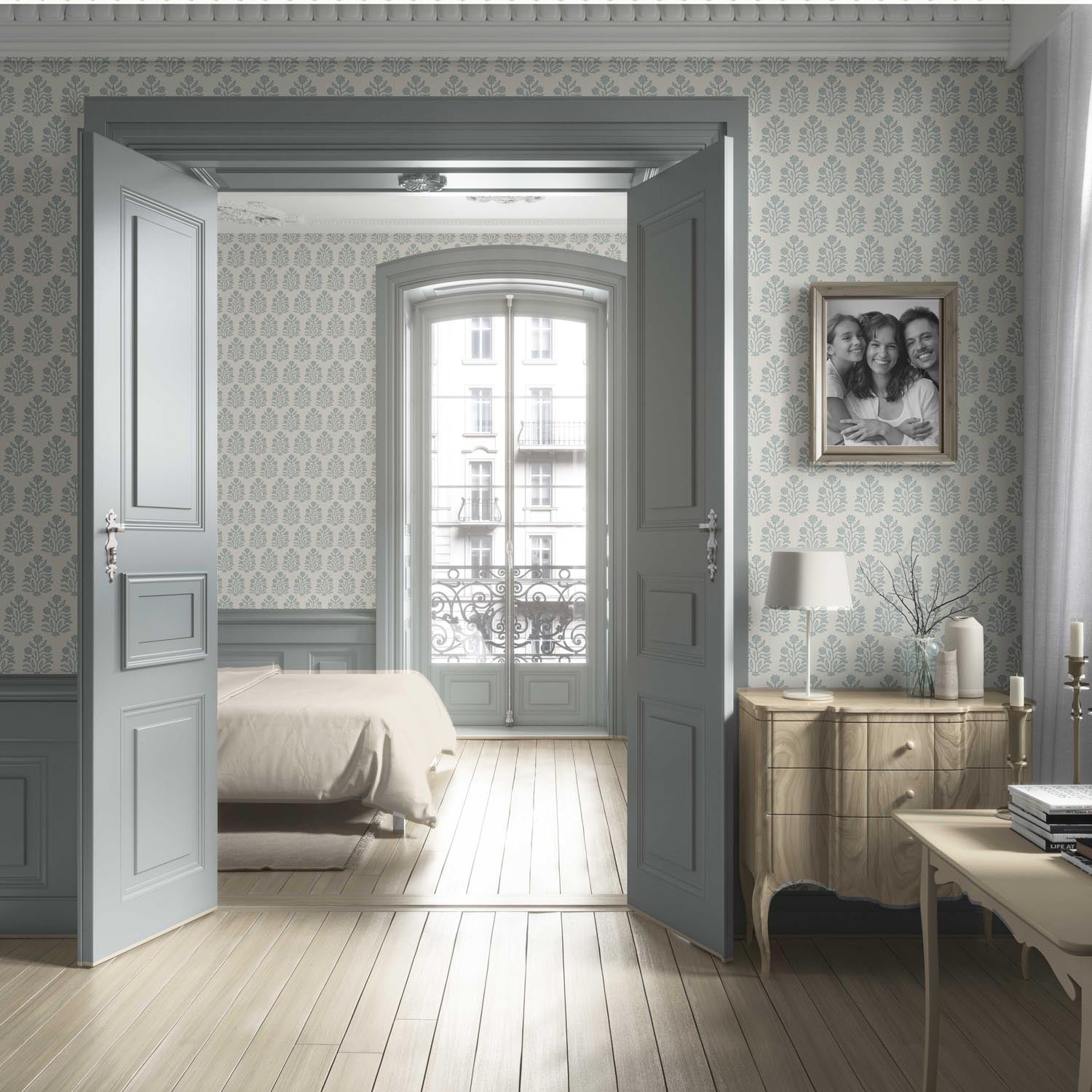 Vintage-Inspired Floral Block Print Living Room Wallpaper (Cream/ Blue-Green)
