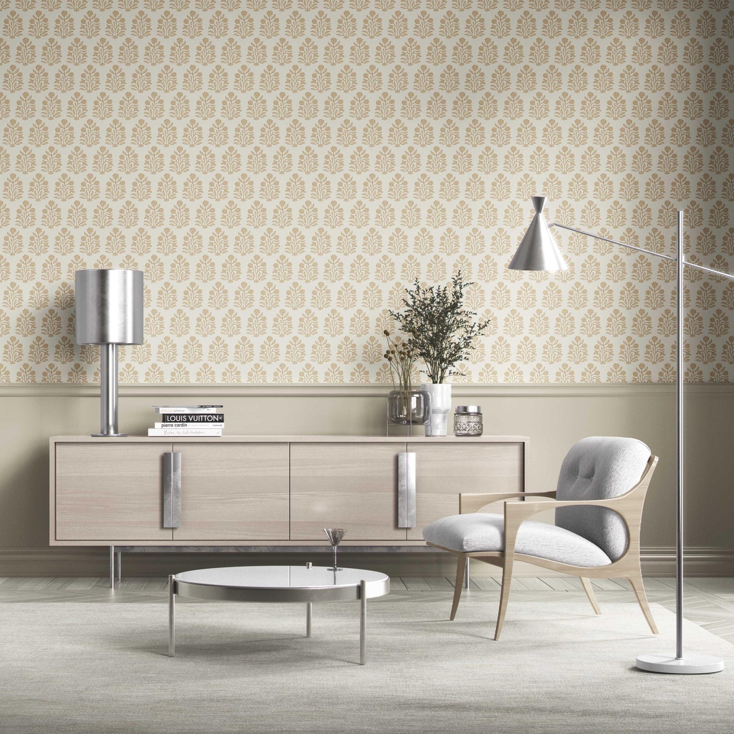 Neutral-Toned Botanical Floral Block Print Kitchen Wallpaper (Yellow/ Cream)