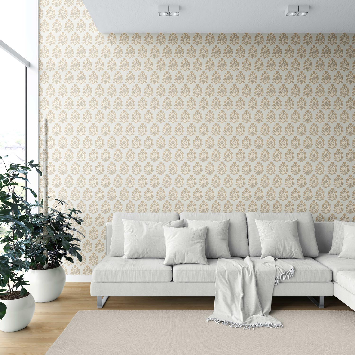 Neutral-Toned Botanical Floral Block Print Shower Toilet Wallpaper (Yellow/ Cream)
