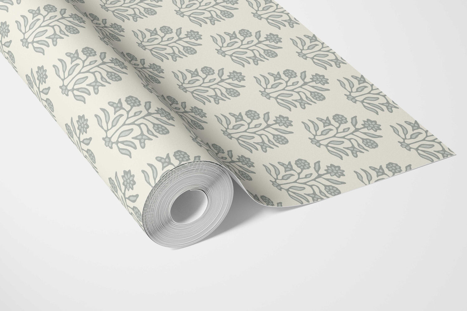 Neutral-Toned Botanical Floral Block Print Bathroom Wallpaper (Sage Gray/ Cream)