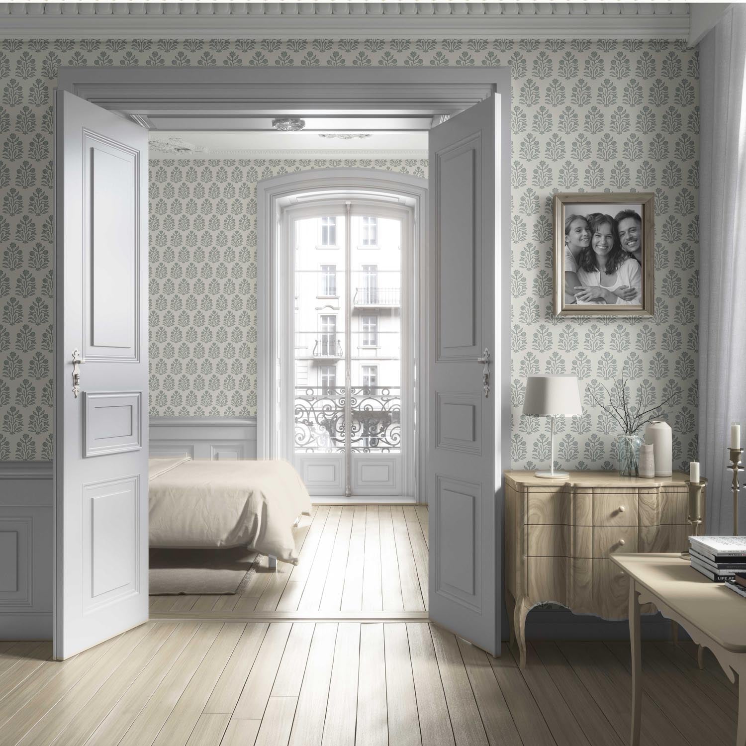 Neutral-Toned Botanical Floral Block Print Living Room Wallpaper (Sage Gray/ Cream)