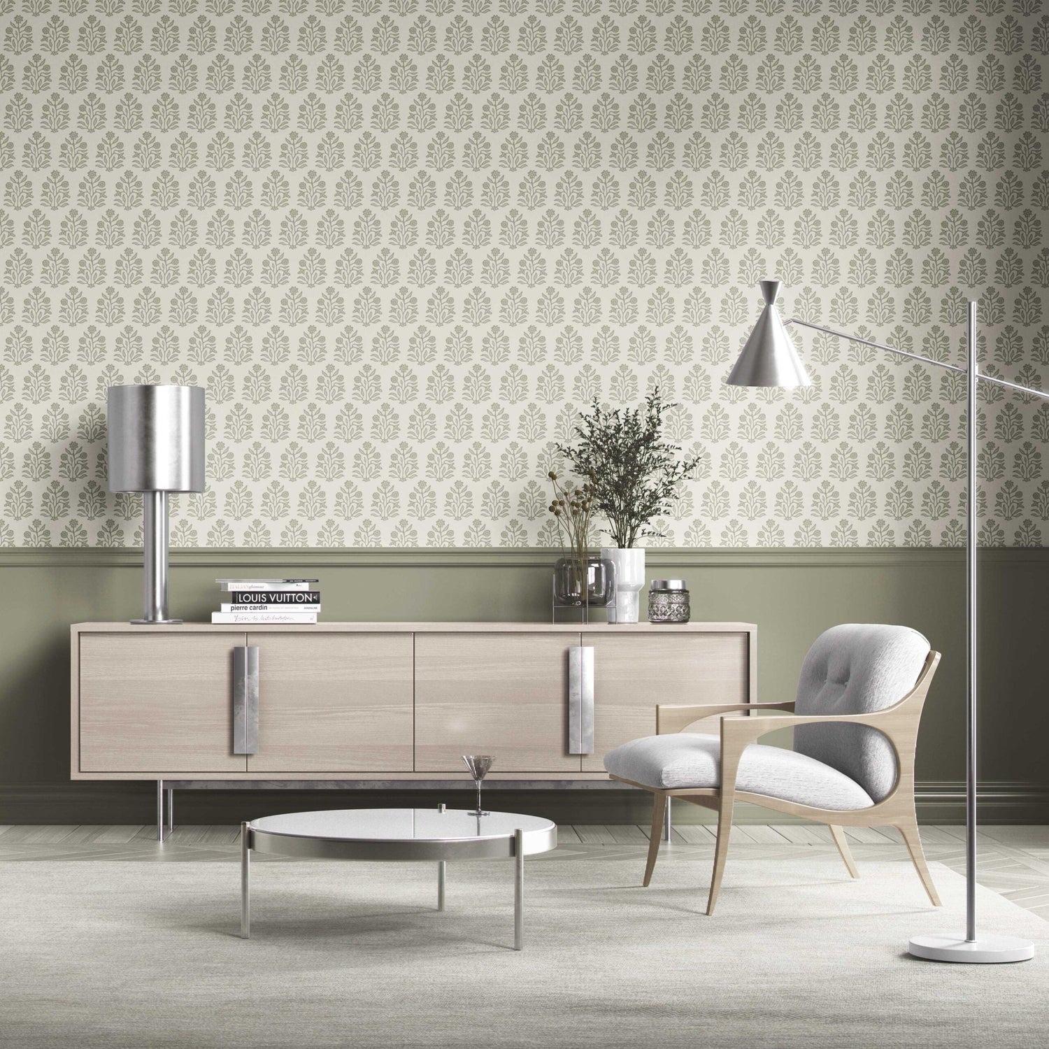 Vintage-Inspired Floral Block Print Kitchen Wallpaper (Olive Green/ Cream)
