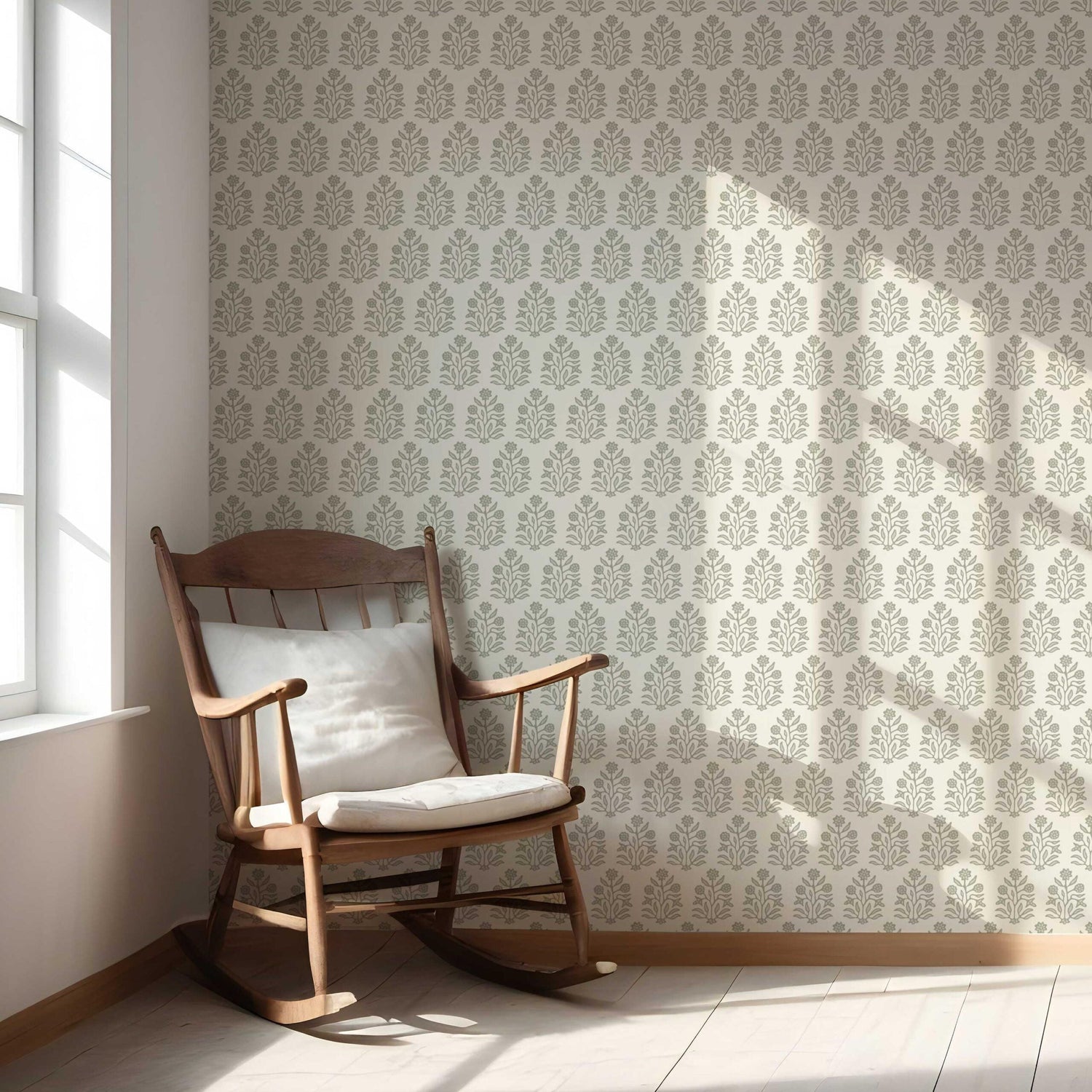 Vintage-Inspired Floral Block Print Nursery Wallpaper (Olive Green/ Cream)
