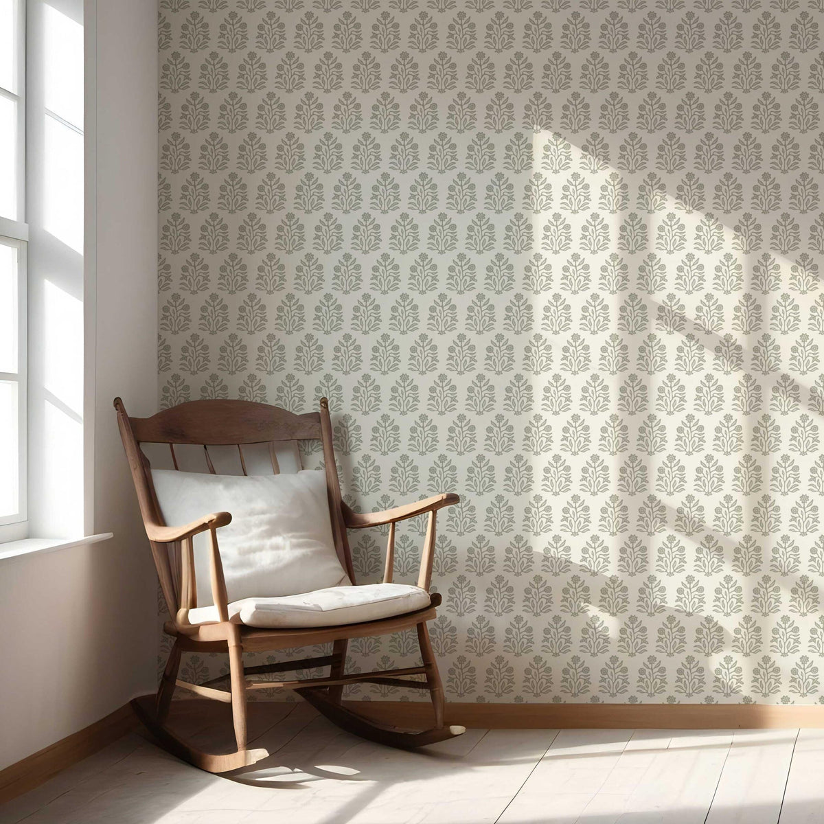 Vintage-Inspired Floral Block Print Nursery Wallpaper (Olive Green/ Cream)
